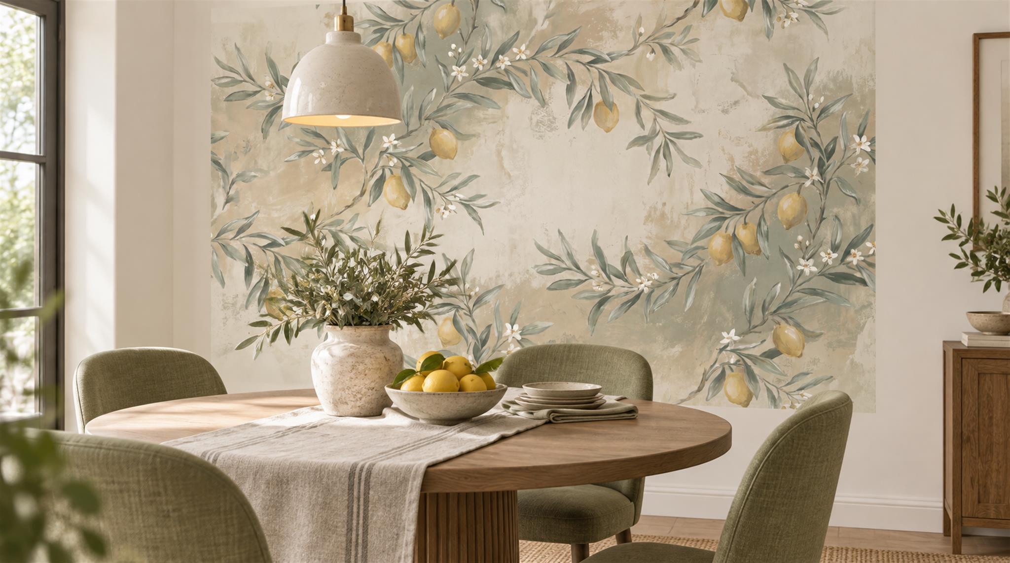 Ivory And Tan Abstract Forms Layered Wallpaper Mural Dining-room-wallpaper-murals, Shown In A Dining Room, Peel-and-stick Finish