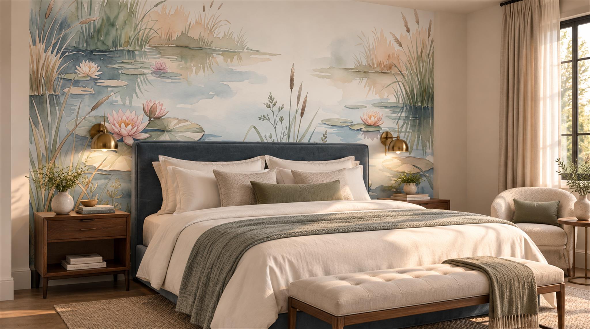 Blue And Neutral Abstract Forms Illustrated Wallpaper Mural Feature-wall-wallpaper-murals, Peel-and-stick Finish