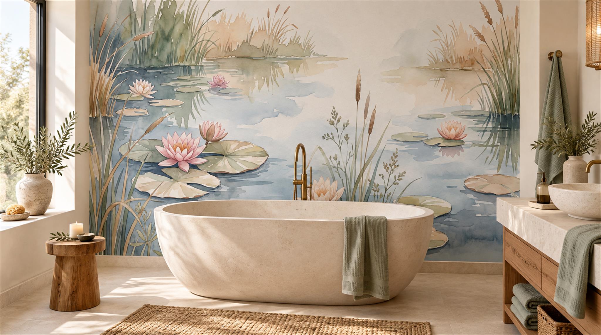 Blue And Neutral Abstract Forms Illustrated Wallpaper Mural, Peel-and-stick Finish