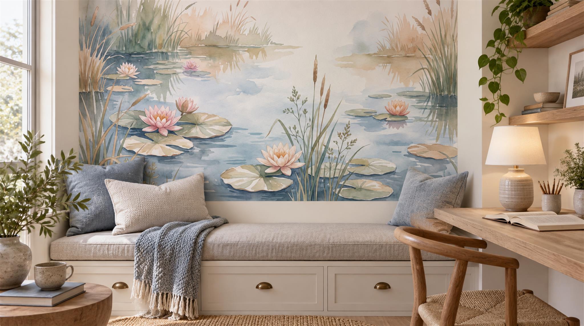 Blue And Neutral Abstract Forms Illustrated Wallpaper Mural Accent-wall-wallpaper-murals, Peel-and-stick Finish