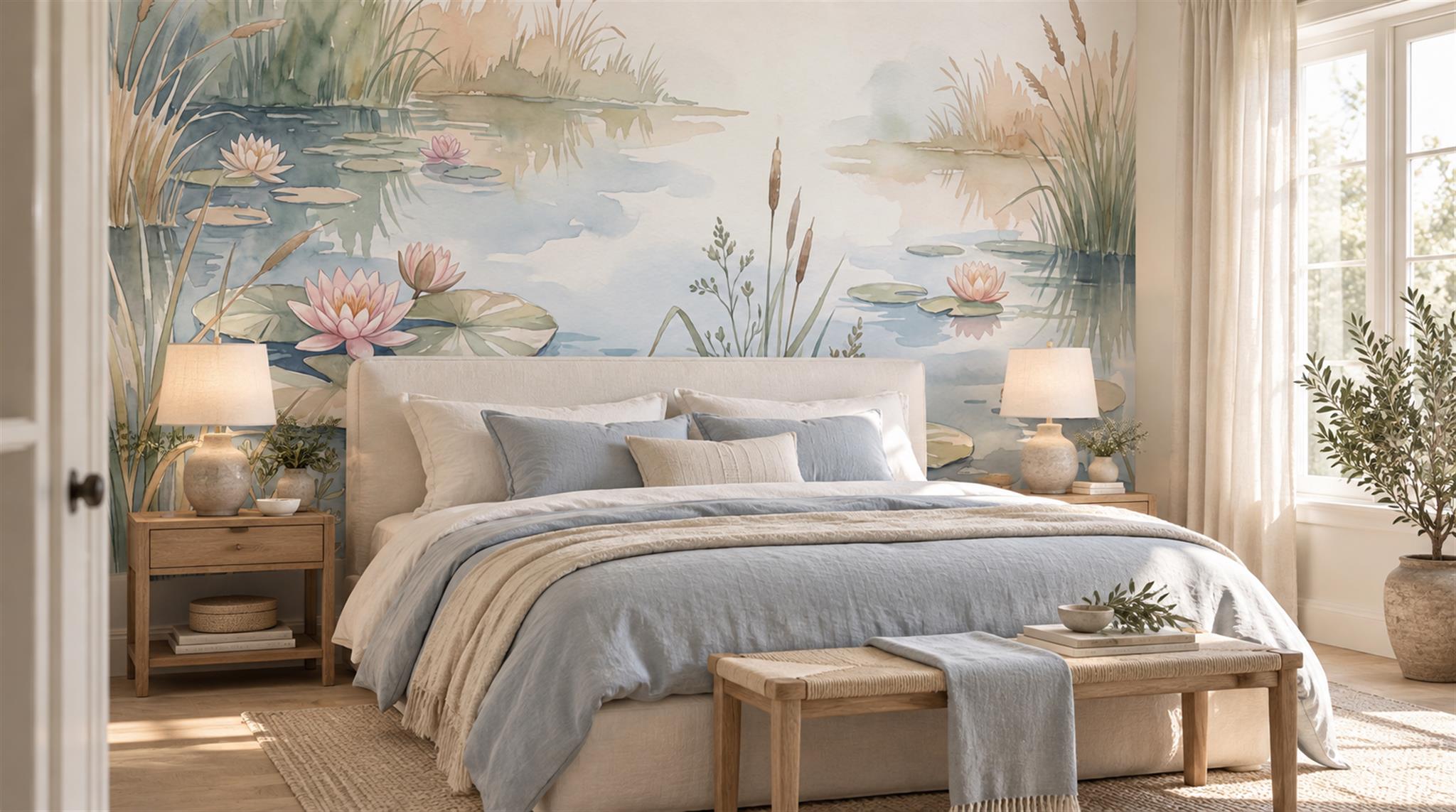 Blue And Neutral Abstract Forms Illustrated Wallpaper Mural Bedroom-wallpaper-murals, Peel-and-stick Finish