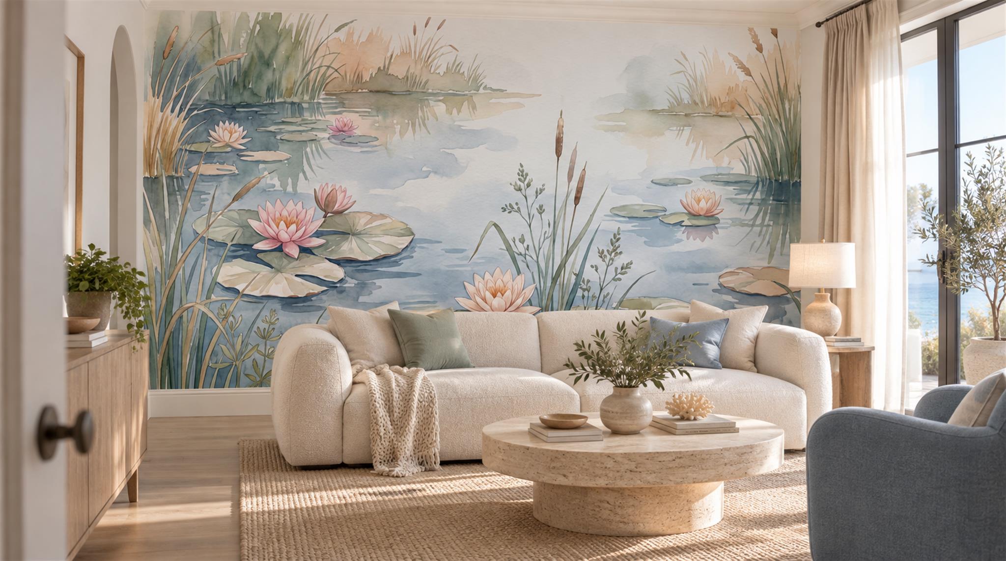 Blue And Neutral Abstract Forms Illustrated Wallpaper Mural Living-room-wallpaper-murals, Shown In A Living Room, Peel-and-stick Finish