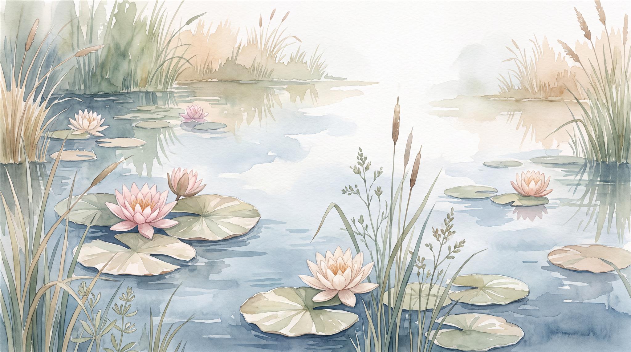 Pink Water Lilies In A Reedy Pond Wallpaper Mural — Wallpaper Mural Design, Peel-and-stick Finish