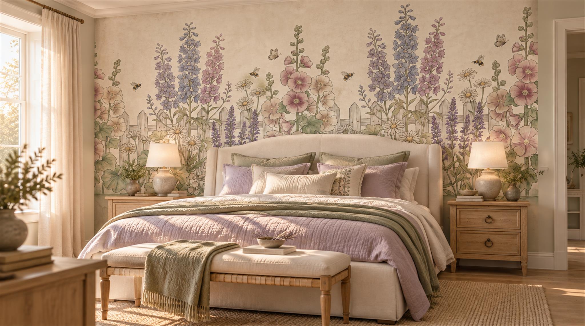 Warm ivory floral mural with pink and lavender flowers in a softly lit bedroom