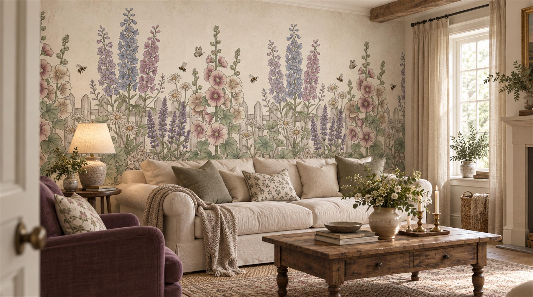 Ivory And Neutral Floral Forms Organic Wallpaper Mural Living-room-wallpaper-murals, Shown In A Living Room, Peel-and-stick Finish
