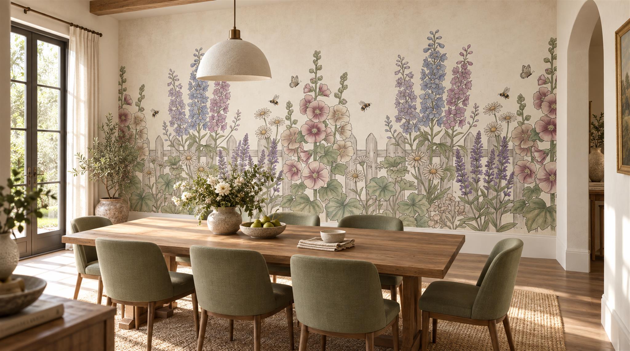 Ivory And Neutral Floral Forms Organic Wallpaper Mural Dining-room-wallpaper-murals, Shown In A Dining Room, Peel-and-stick Finish