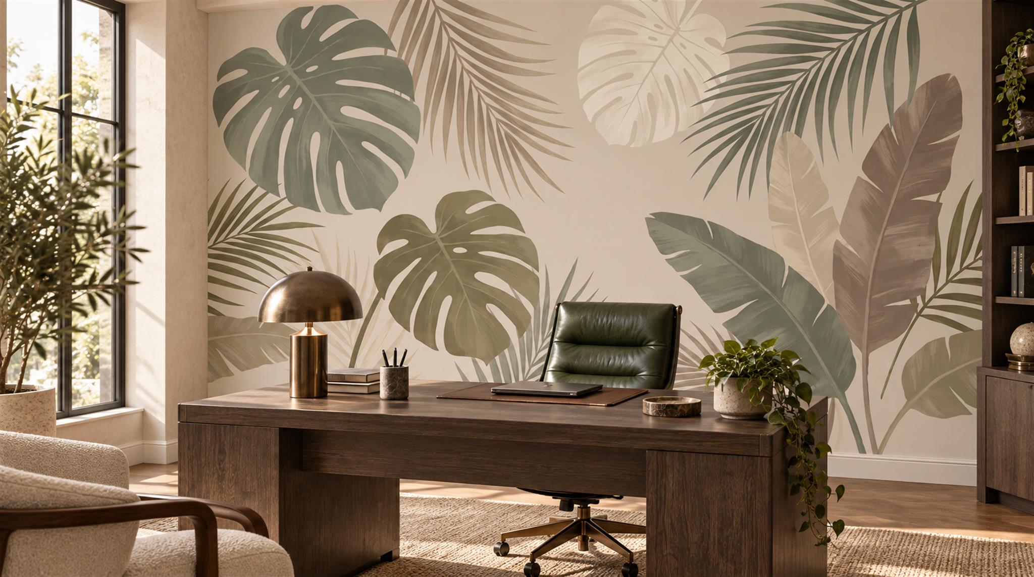 Neutral Palm Leaves Decorative Wallpaper Mural Office-wallpaper-murals, Shown In A Home Office, Peel-and-stick Finish