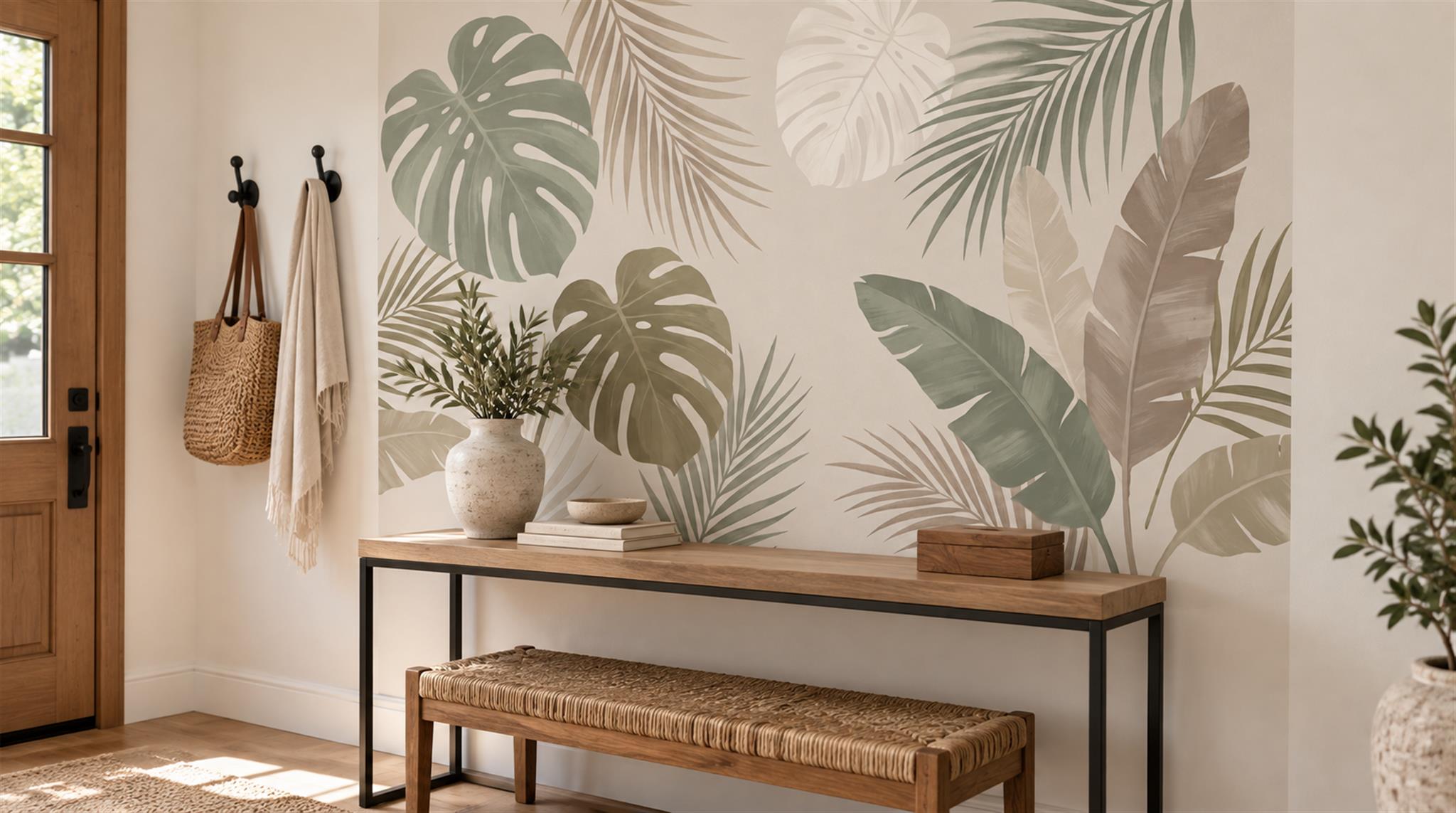 Neutral Palm Leaves Decorative Wallpaper Mural Entryway-wallpaper-murals, Peel-and-stick Finish