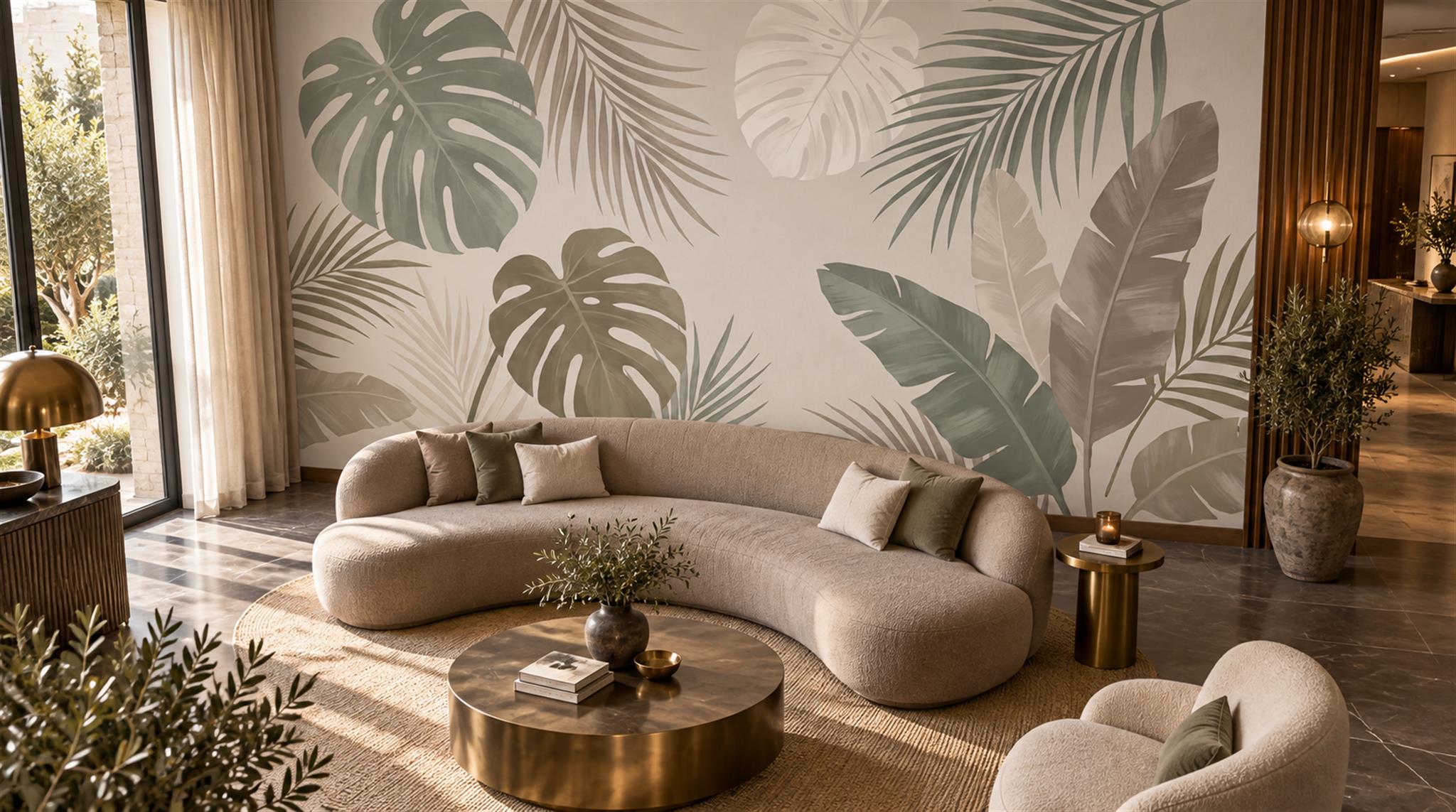Sage And Taupe Tropical Leaves Wallpaper Mural — Wallpaper Mural Design, Peel-and-stick Finish