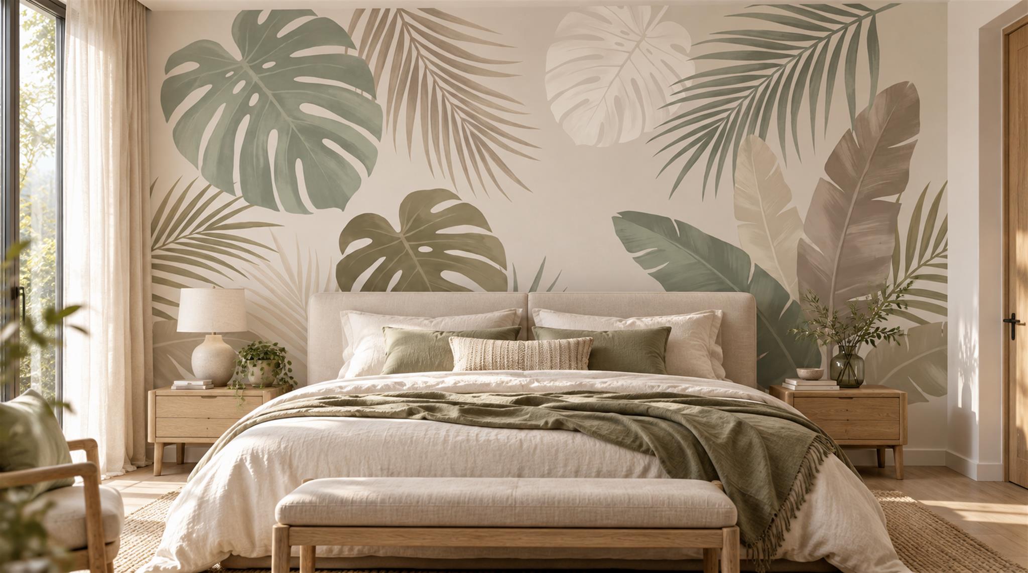 Neutral Palm Leaves Decorative Wallpaper Mural Bedroom-wallpaper-murals, Peel-and-stick Finish