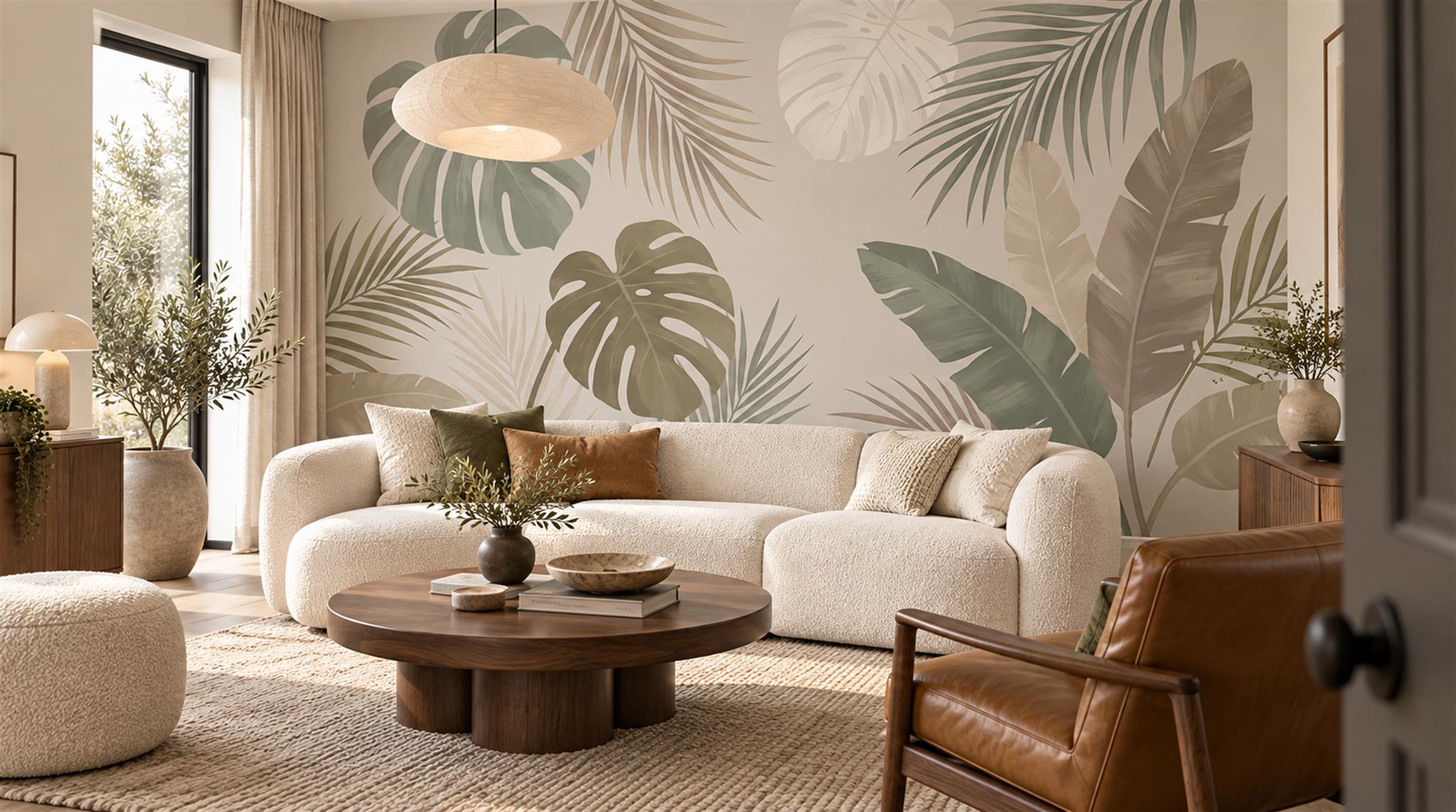 Neutral Palm Leaves Decorative Wallpaper Mural Living-room-wallpaper-murals, Shown In A Living Room, Peel-and-stick Finish