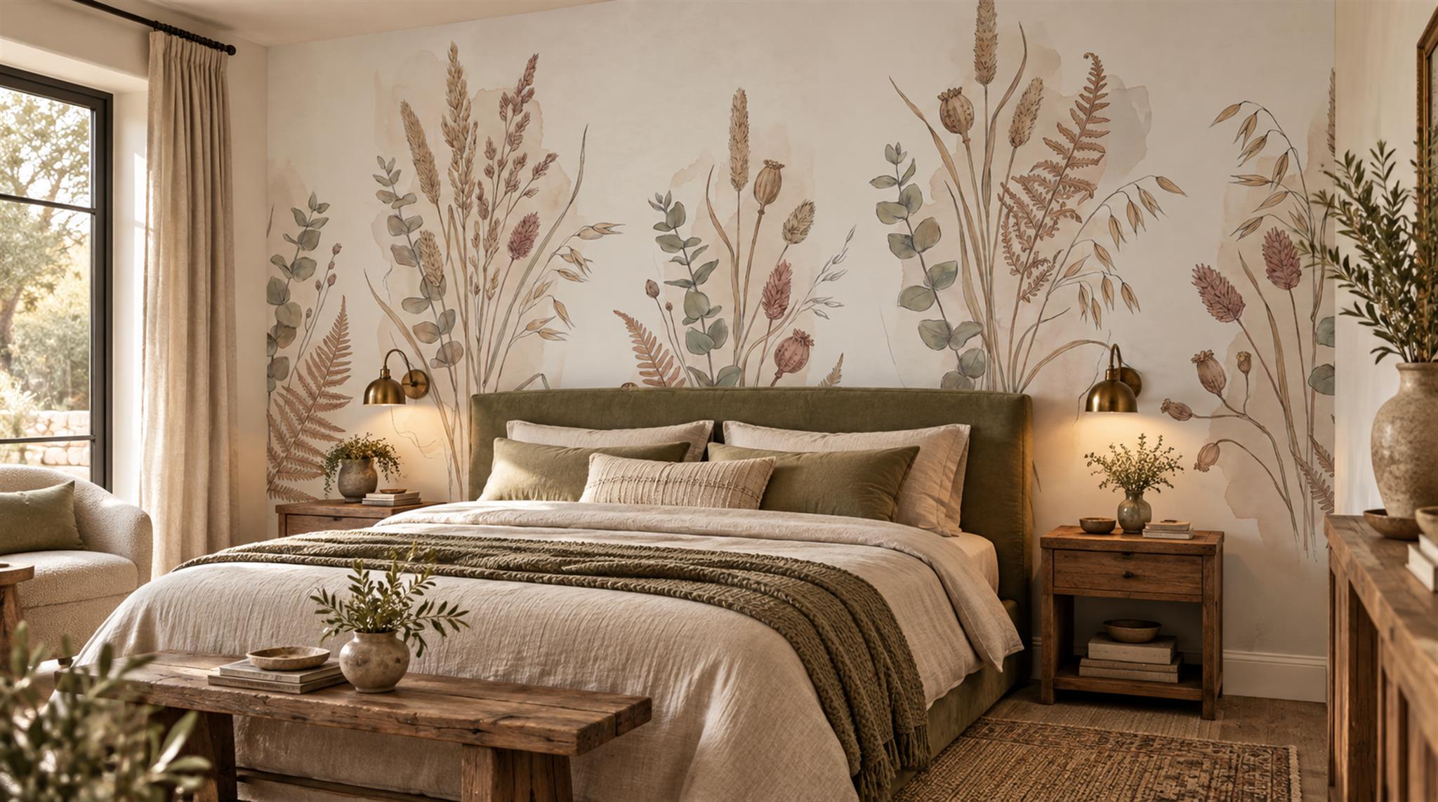 Ivory And Neutral Leaf Patterning Wallpaper Mural Feature-wall-wallpaper-murals, Peel-and-stick Finish