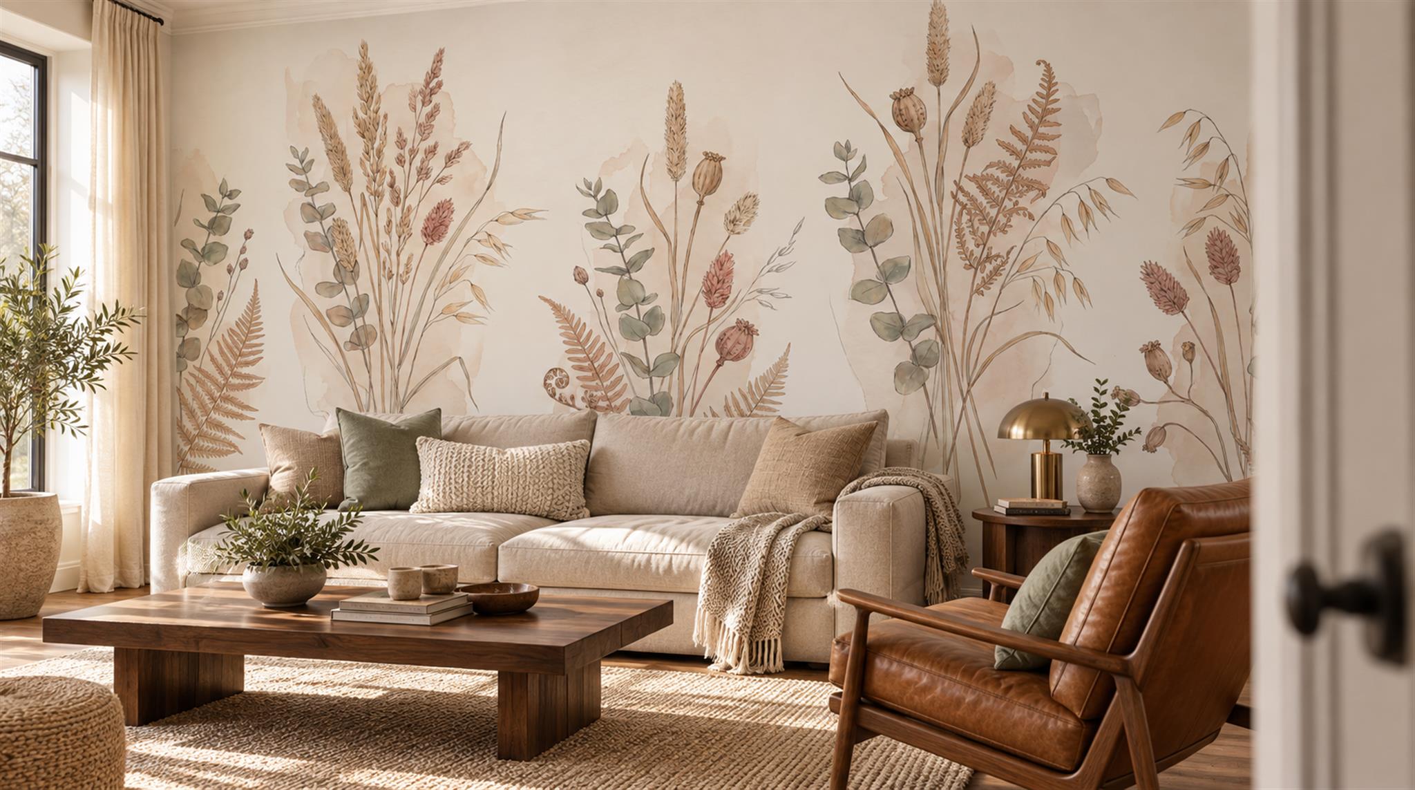 Ivory And Neutral Leaf Patterning Wallpaper Mural Living-room-wallpaper-murals, Peel-and-stick Finish