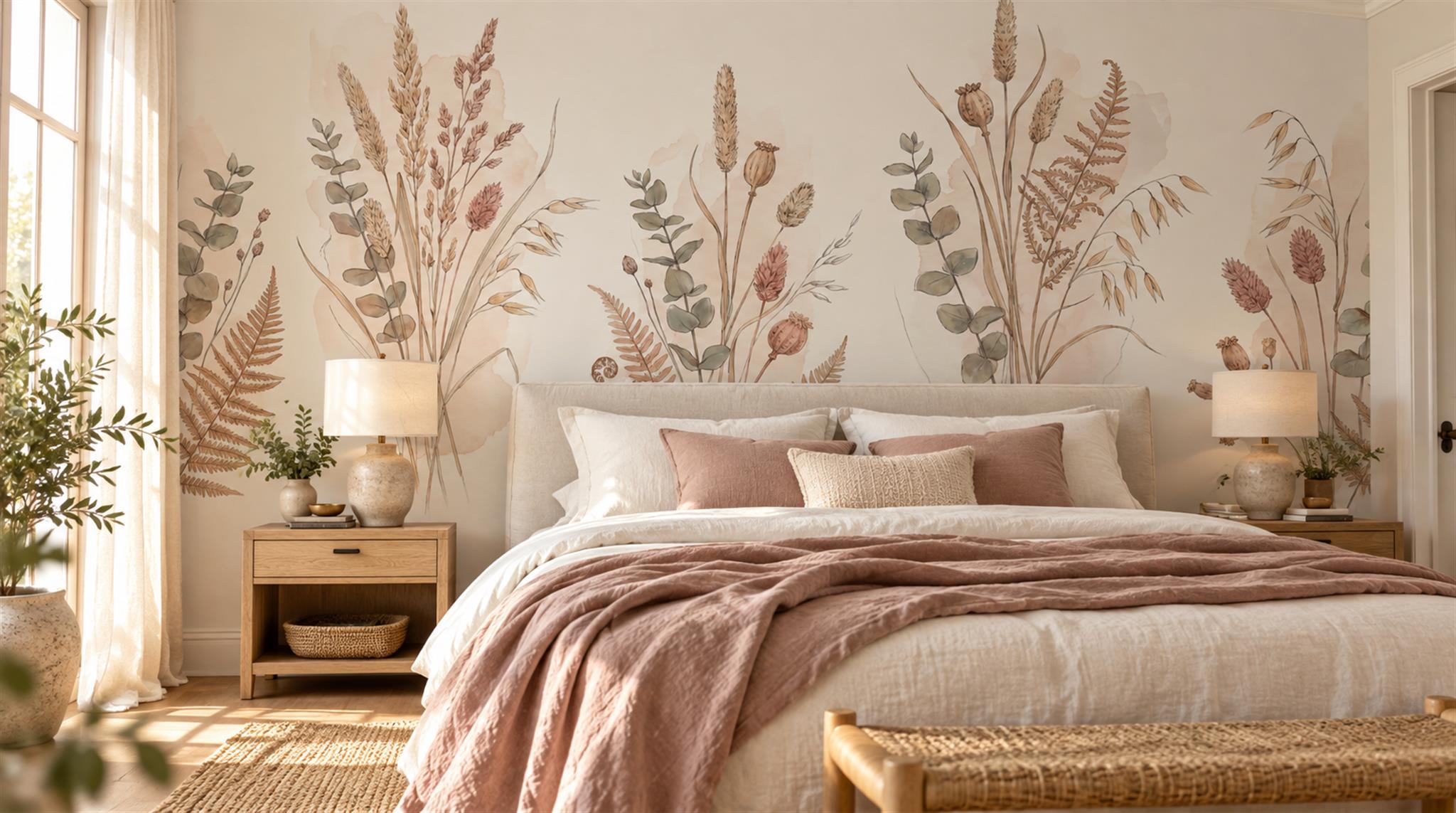 Ivory And Neutral Leaf Patterning Wallpaper Mural Bedroom-wallpaper-murals, Peel-and-stick Finish
