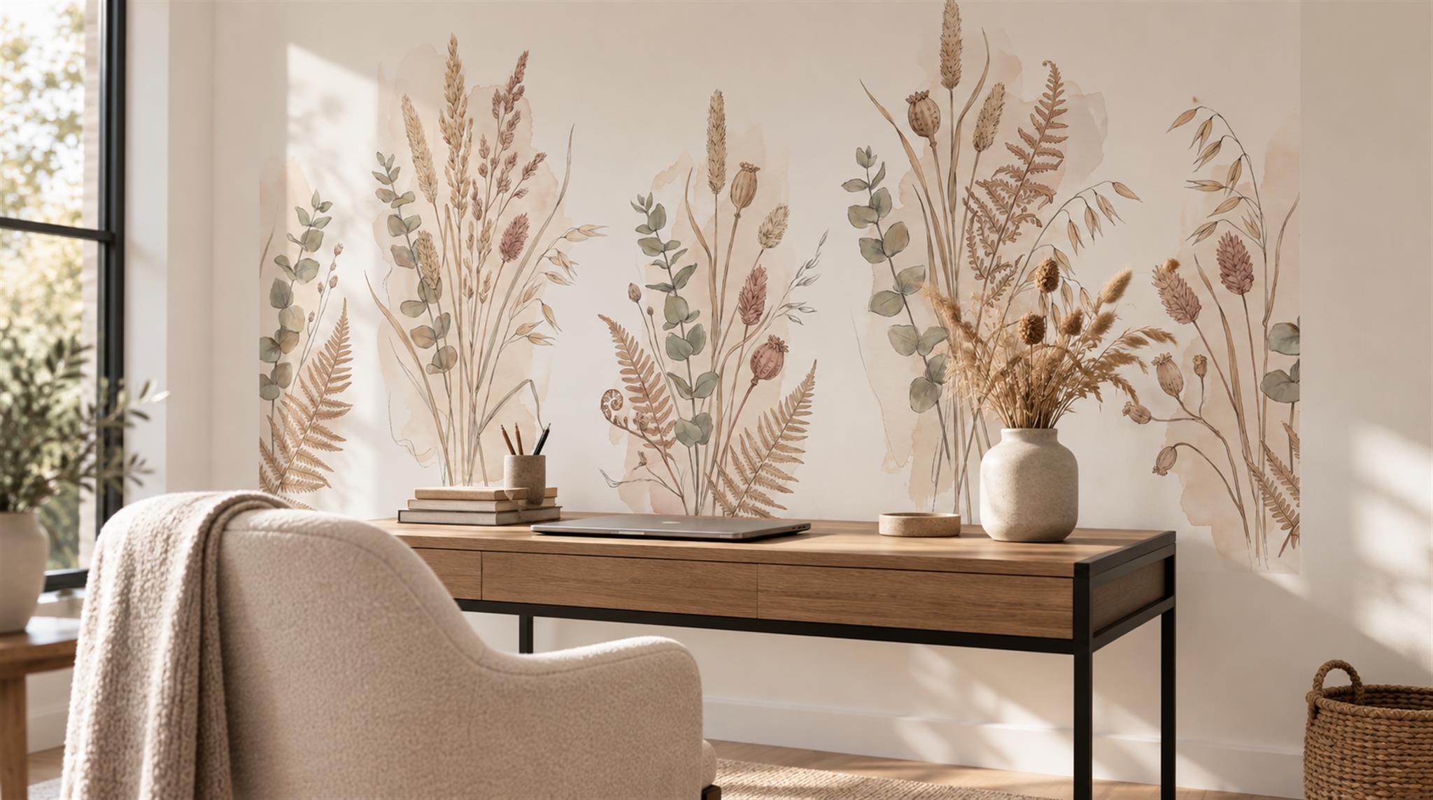 Ivory And Neutral Leaf Patterning Wallpaper Mural Office-wallpaper-murals, Shown In A Home Office, Peel-and-stick Finish