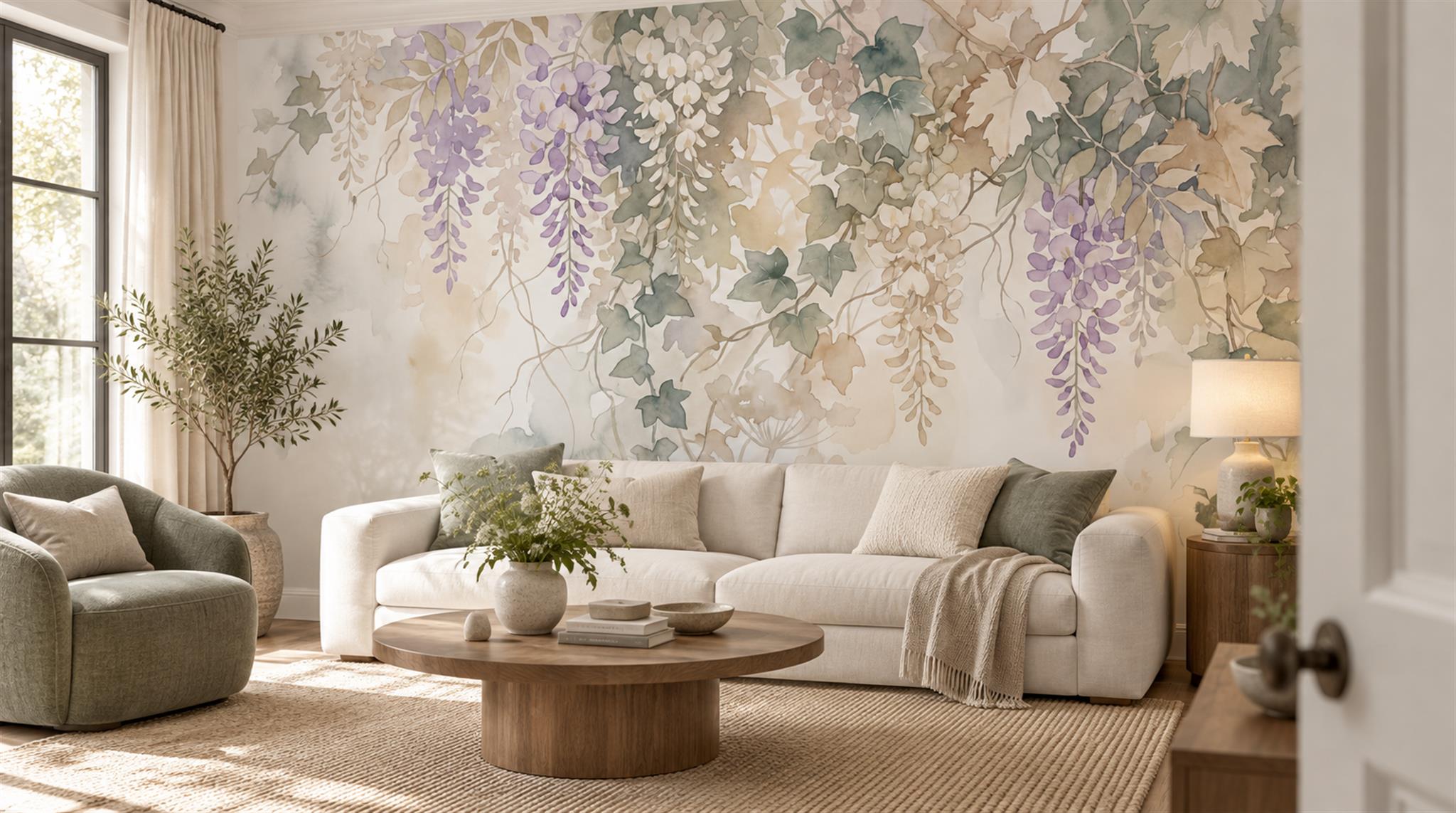 Soft Pastel And Neutral Abstract Forms Wallpaper Atmospheric Wallpaper Living-room-wallpaper-murals, Shown In A Living Room, Peel-and-stick Finish