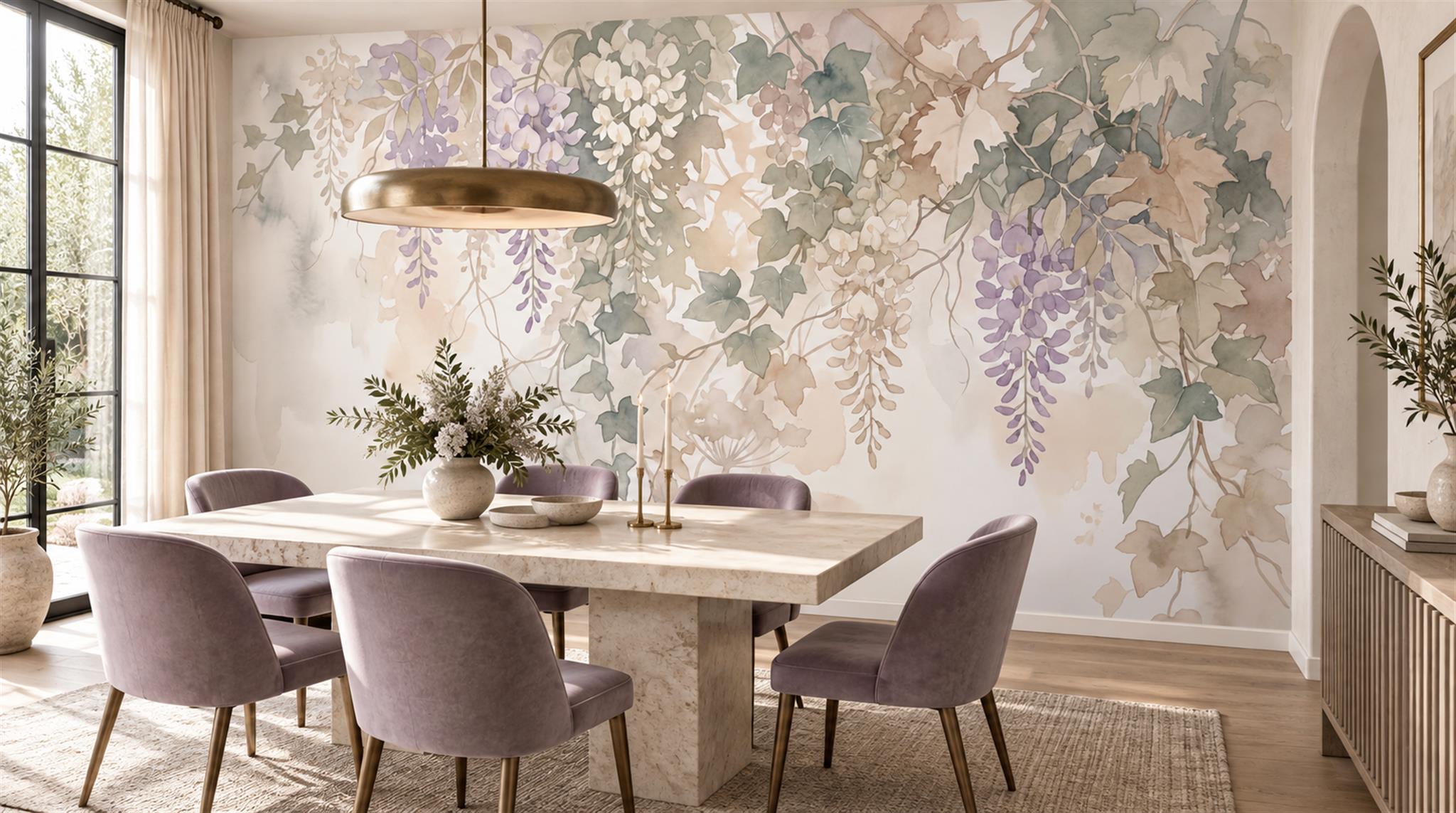 Hanging Wisteria And Soft Green Foliage Wallpaper Mural — Wallpaper Mural Design, Peel-and-stick Finish