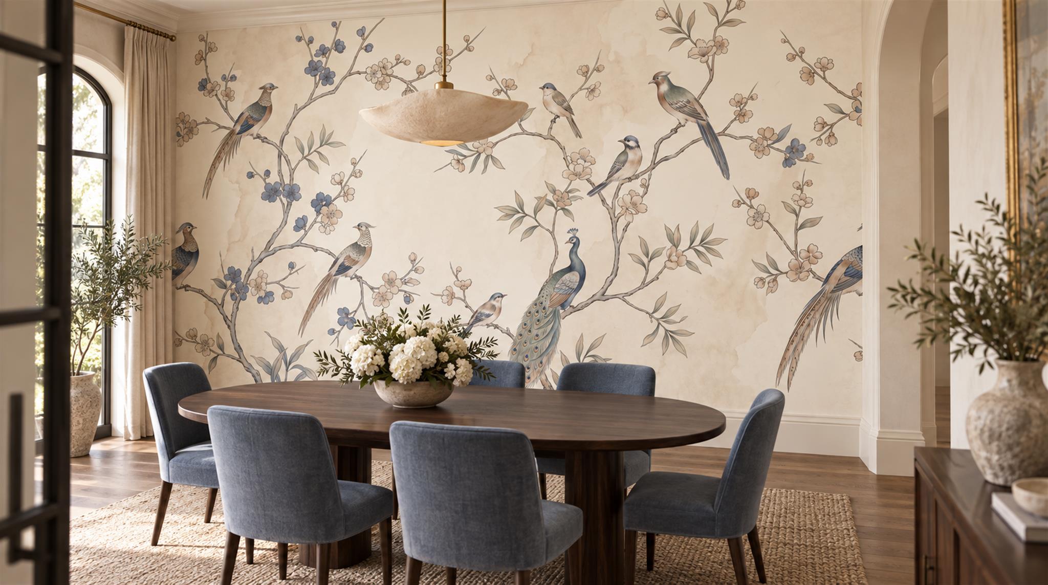 Ivory And Neutral Bird Forms Wallpaper Mural Dining-room-wallpaper-murals, Shown In A Dining Room, Peel-and-stick Finish