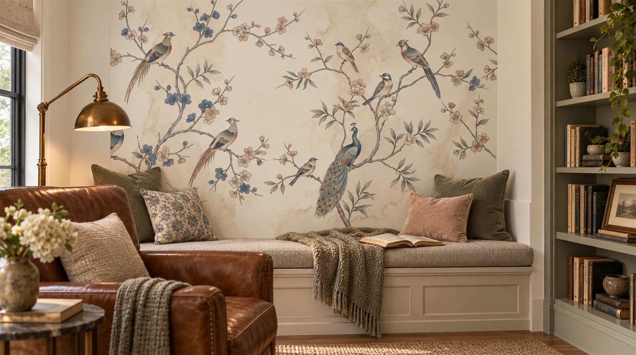 Ivory And Neutral Bird Forms Wallpaper Mural Library-wallpaper-murals, Peel-and-stick Finish