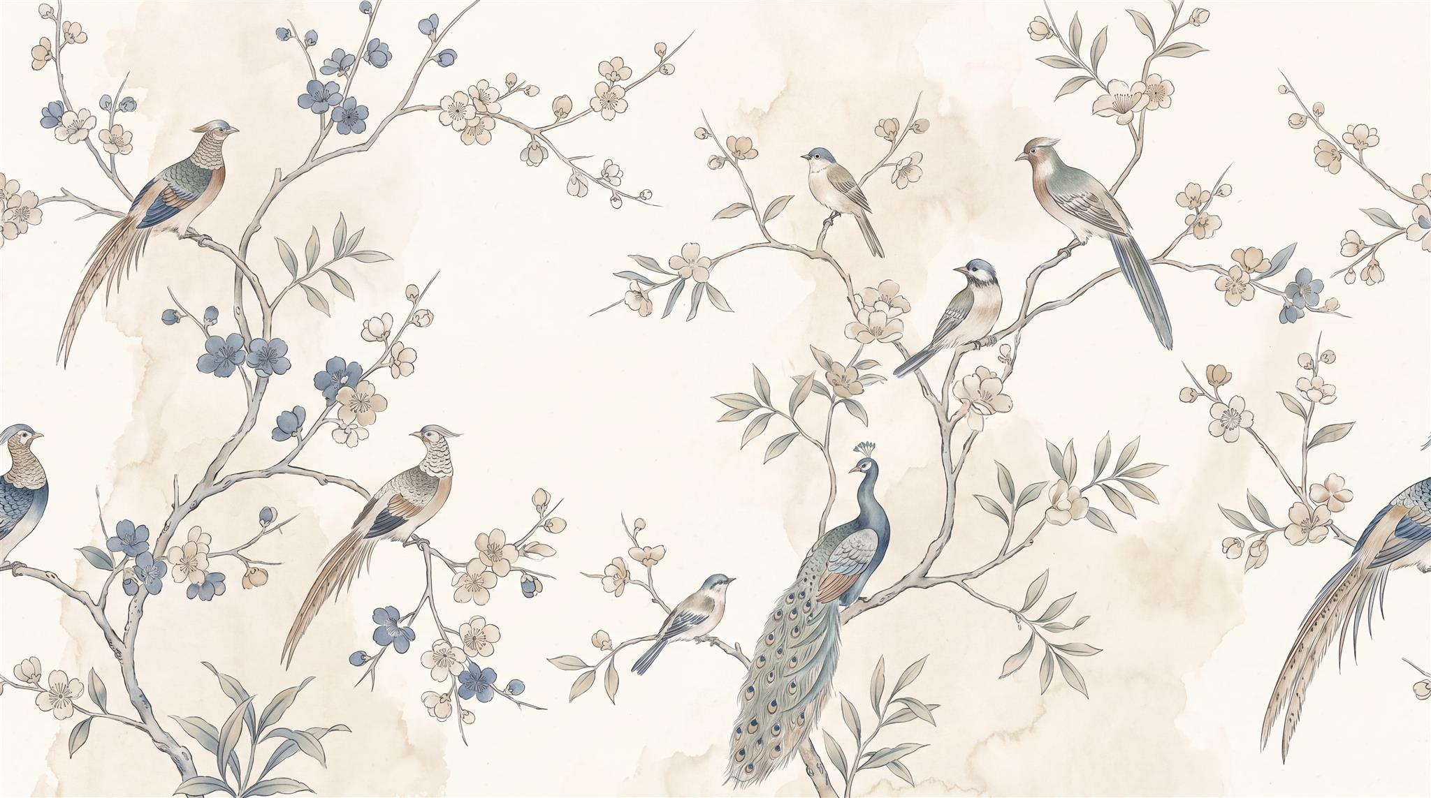 Ivory And Neutral Bird Forms Wallpaper Mural Accent-wall-wallpaper-murals, Peel-and-stick Finish