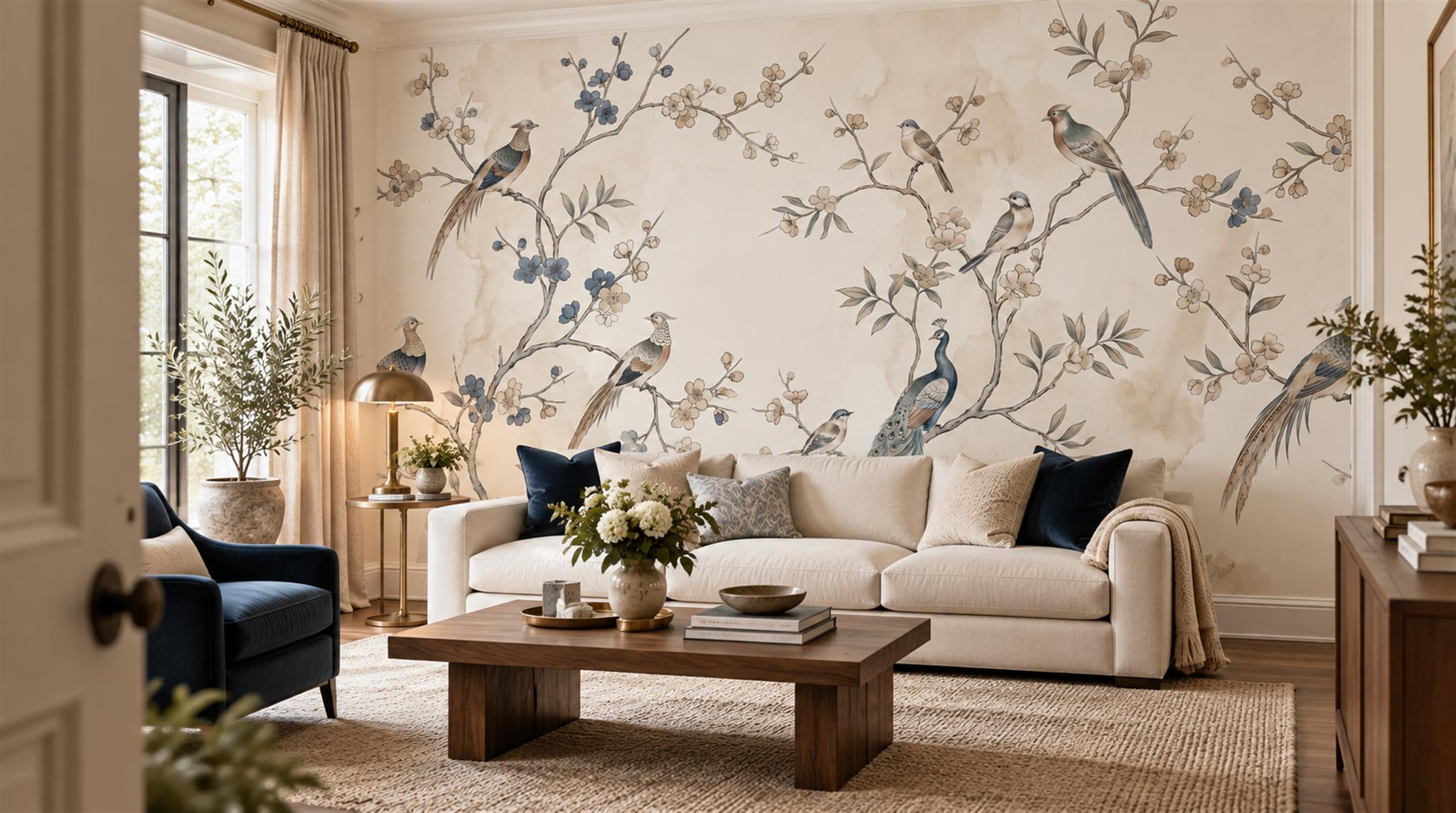 Peacocks And Songbirds Among Blossom Branches Wallpaper Mural — Wallpaper Mural Design, Peel-and-stick Finish