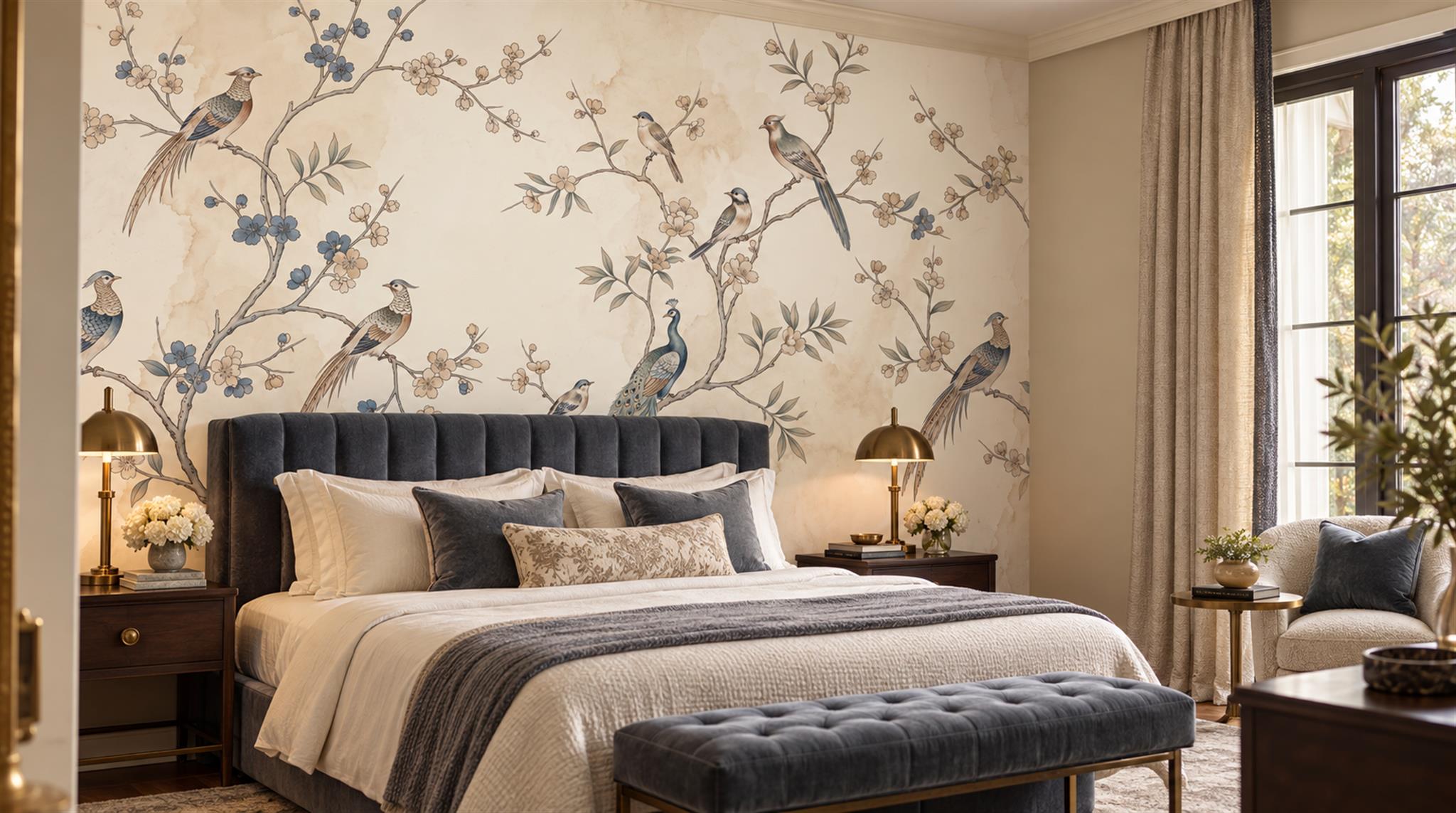 Ivory And Neutral Bird Forms Wallpaper Mural Accent-wall-wallpaper-murals, Peel-and-stick Finish