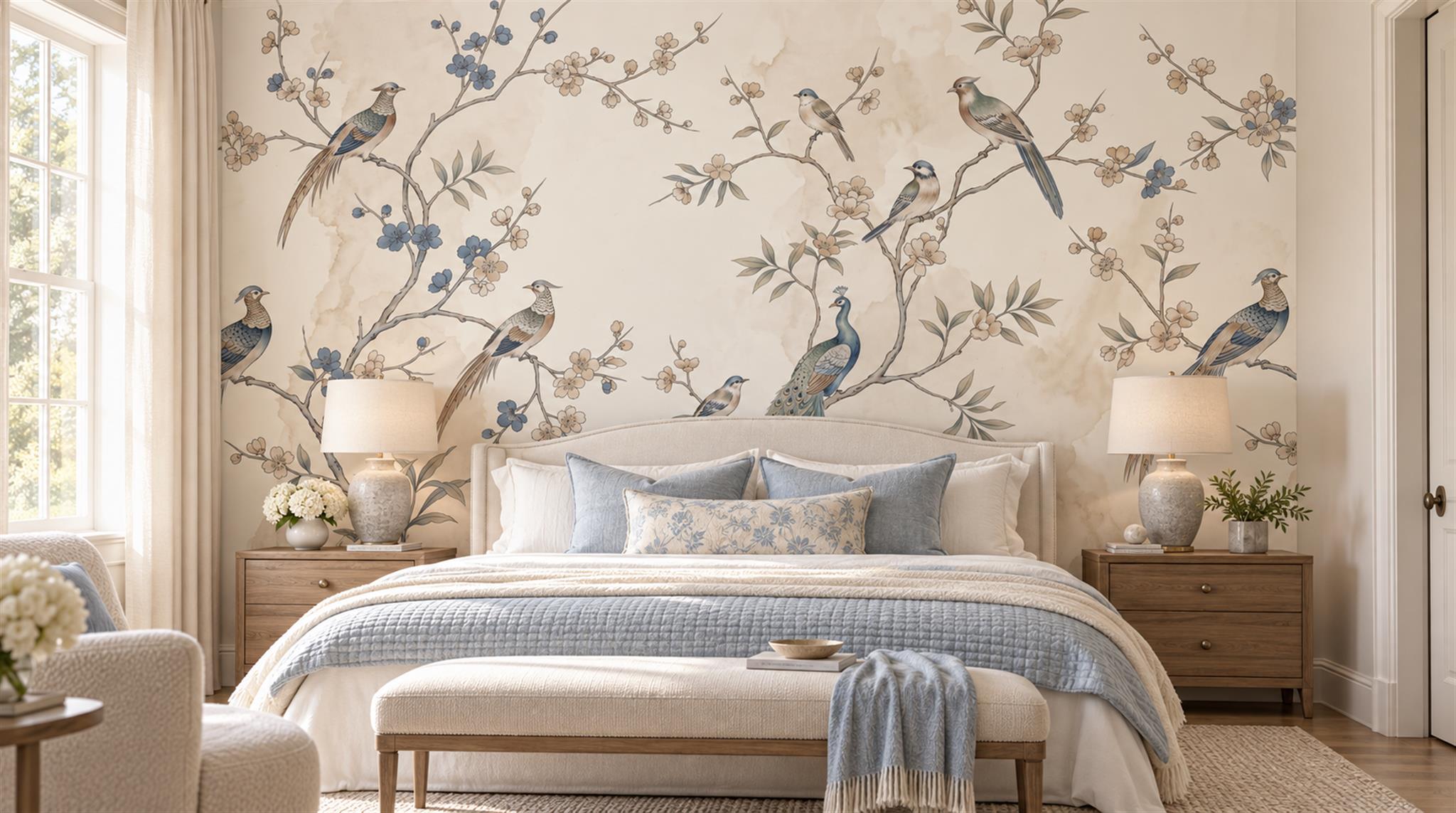 Ivory And Neutral Bird Forms Wallpaper Mural Living-room-wallpaper-murals, Peel-and-stick Finish