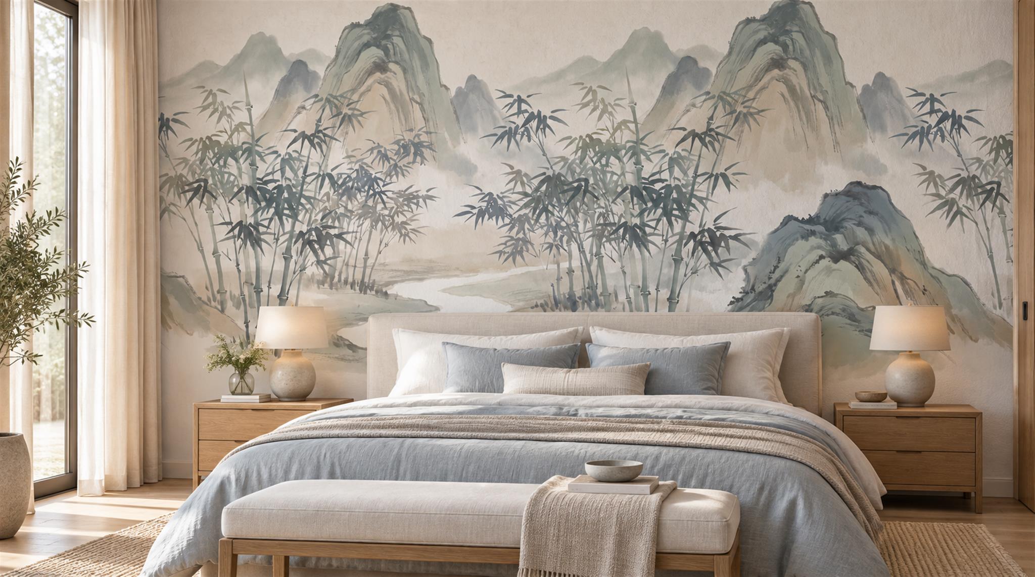Sage Green And Neutral Abstract Forms Wallpaper Layered Decorative Bedroom-wallpaper-murals, Peel-and-stick Finish
