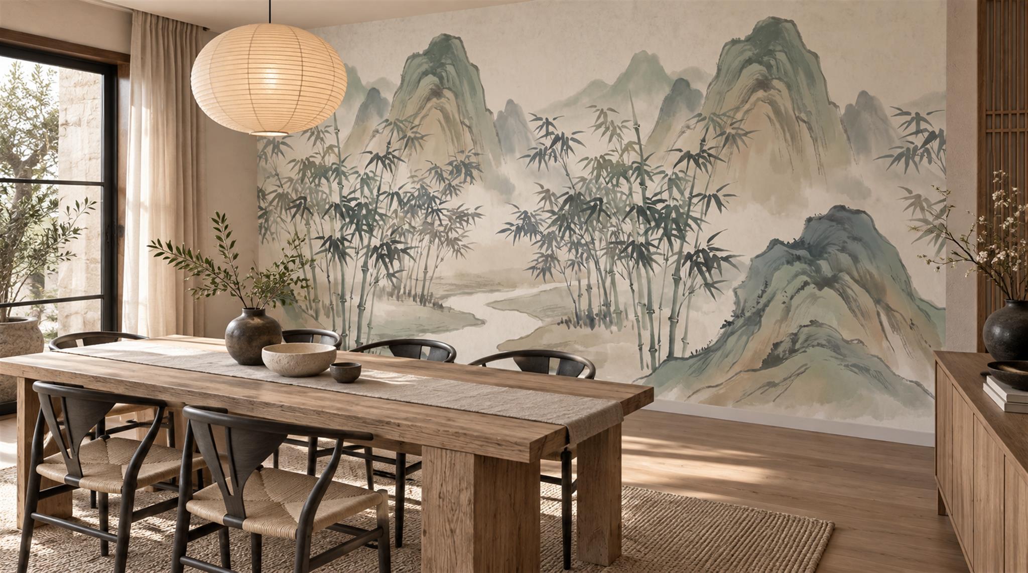 Sage Green And Neutral Abstract Forms Wallpaper Layered Decorative Dining-room-wallpaper-murals, Peel-and-stick Finish