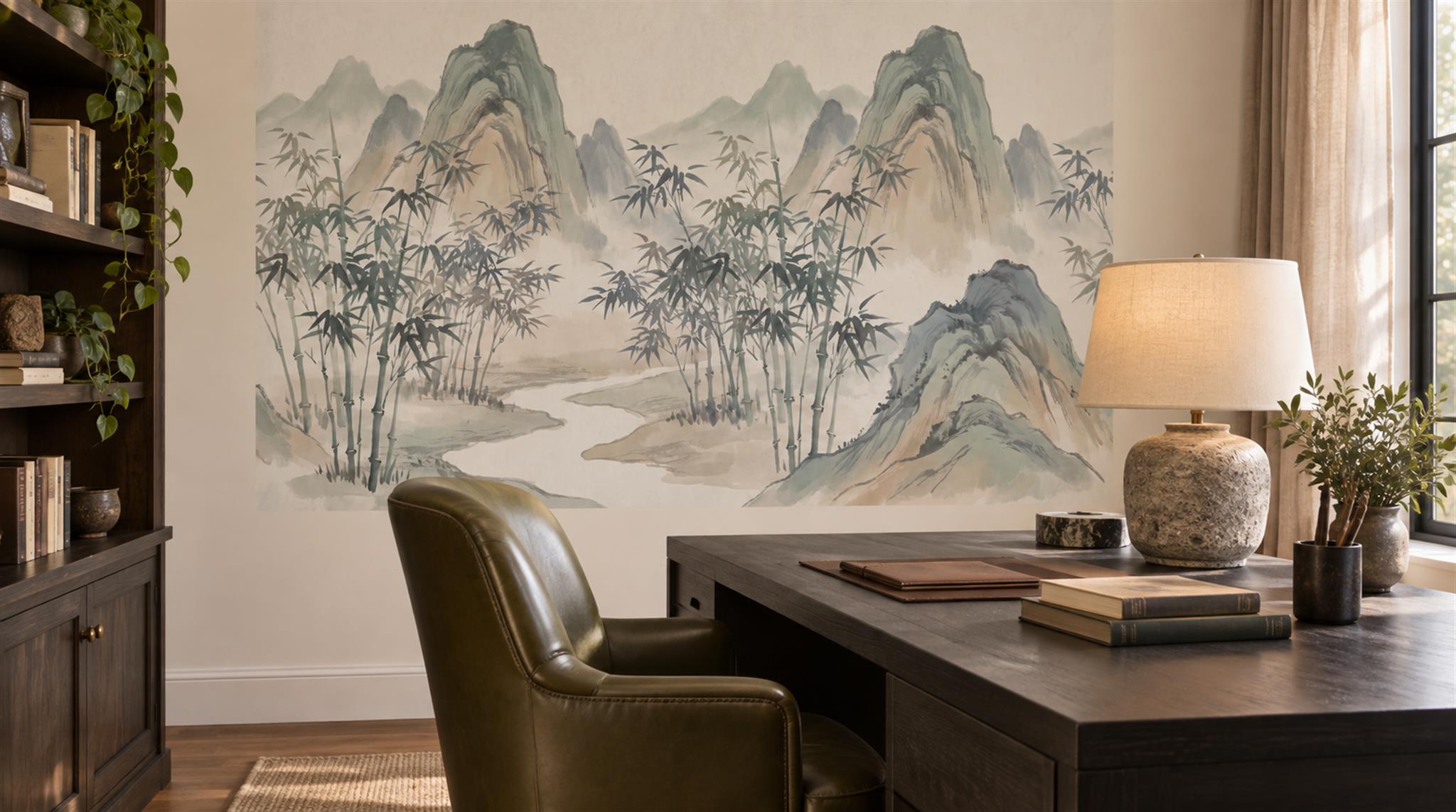 Sage Green And Neutral Abstract Forms Wallpaper Layered Decorative Home-office-wallpaper-murals, Peel-and-stick Finish