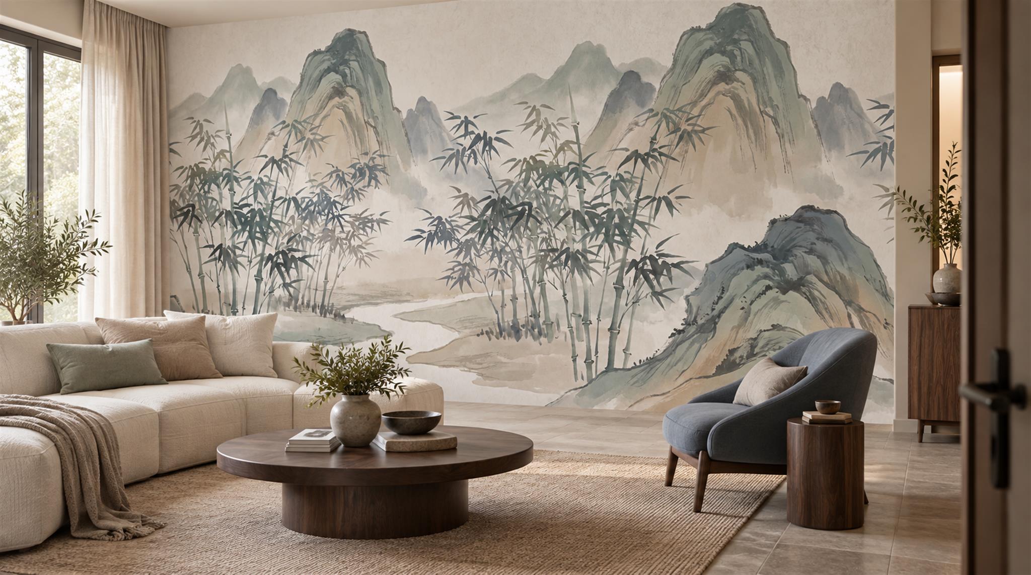 Sage Green And Neutral Abstract Forms Wallpaper Layered Decorative Living-room-wallpaper-murals, Peel-and-stick Finish