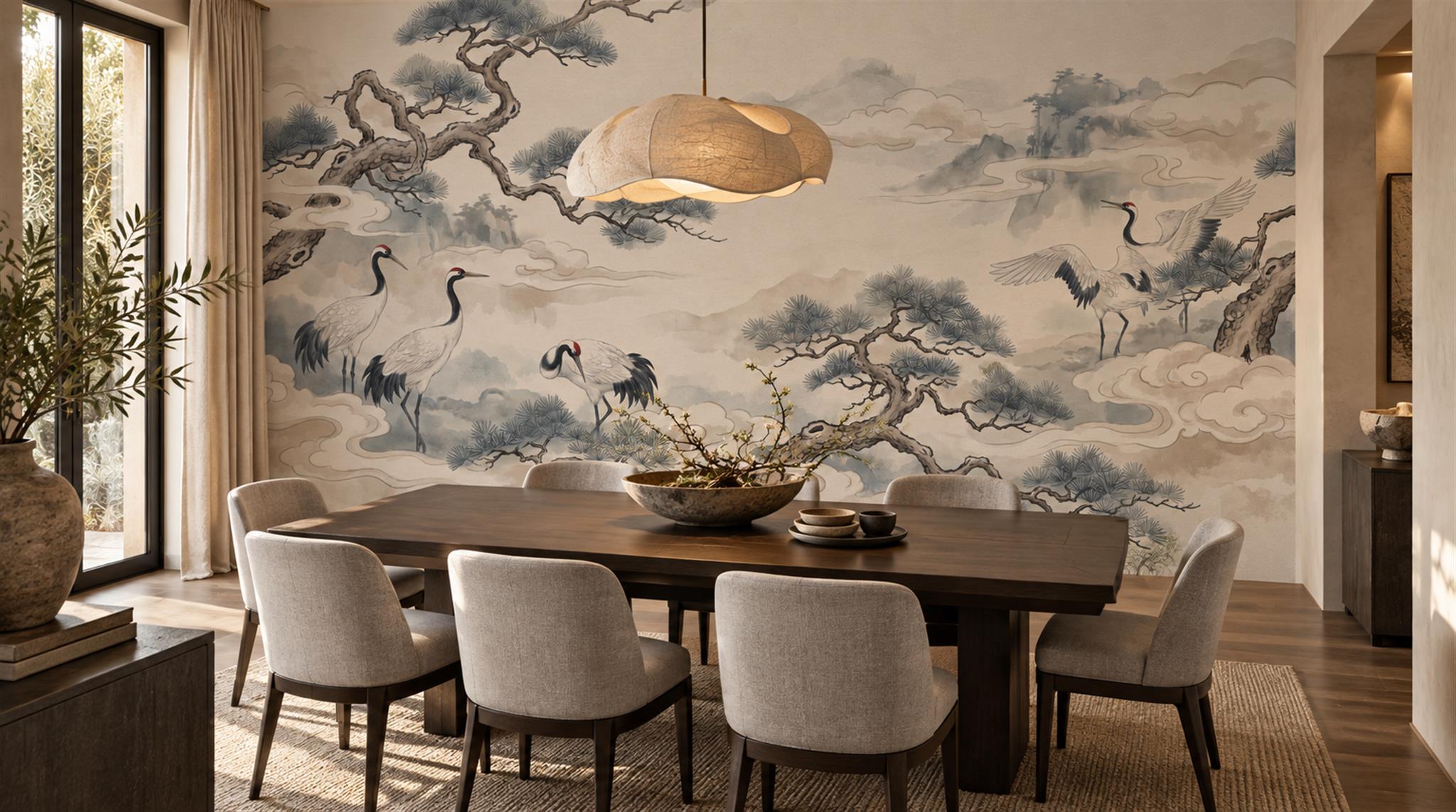 Red-crowned Cranes And Pine Landscape Wallpaper Mural — Wallpaper Mural Design, Peel-and-stick Finish