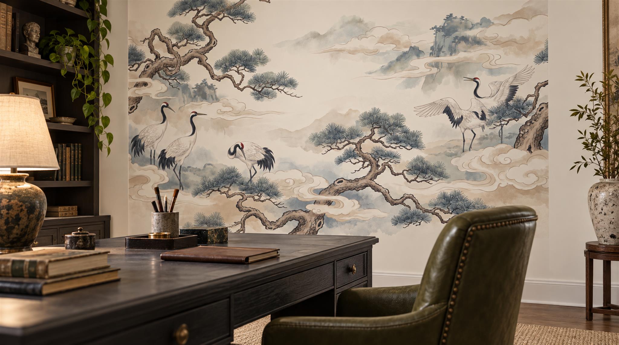 Ivory And Neutral Abstract Forms Atmospheric Wallpaper Mural Home-office-wallpaper-murals, Shown In A Home Office, Peel-and-stick Finish