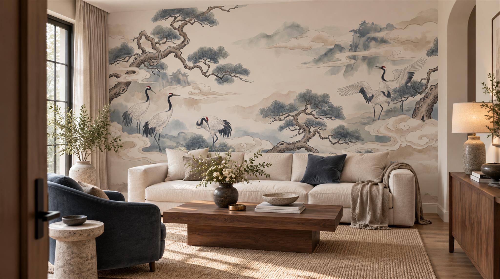 Ivory And Neutral Abstract Forms Atmospheric Wallpaper Mural Living-room-wallpaper-murals, Shown In A Living Room, Peel-and-stick Finish