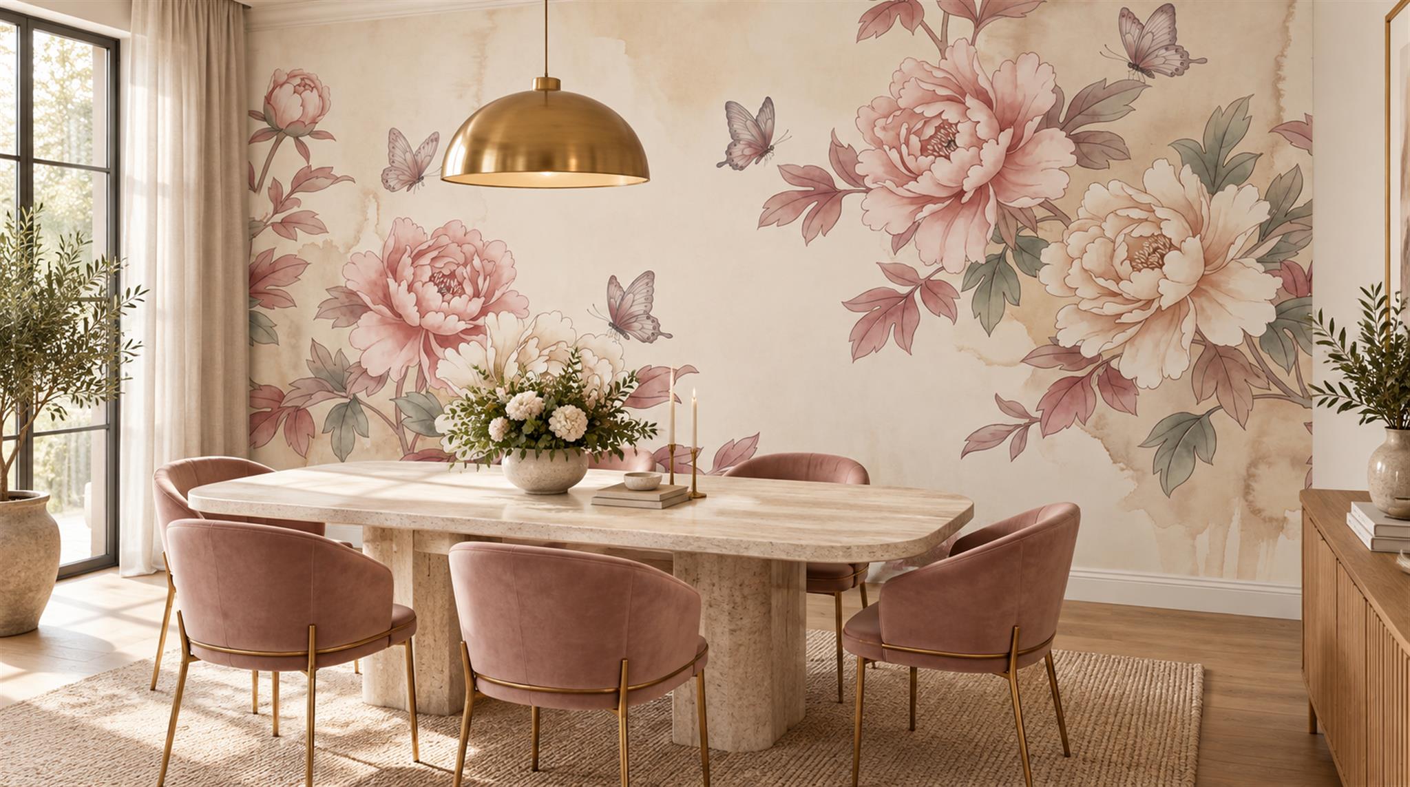 Blush Peonies And Butterflies Floral Frame Wallpaper Mural — Wallpaper Mural Design, Peel-and-stick Finish