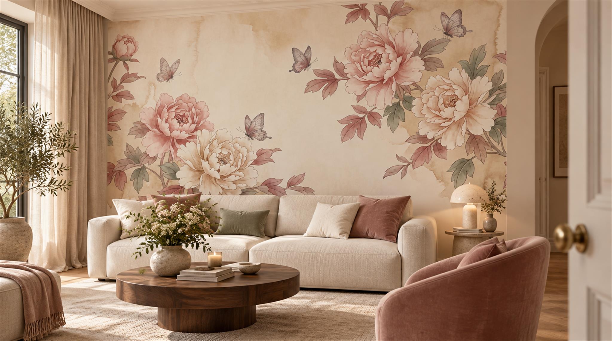Pink And Neutral Abstract Forms Textured Wallpaper Mural Living-room-wallpaper-murals, Shown In A Living Room, Peel-and-stick Finish
