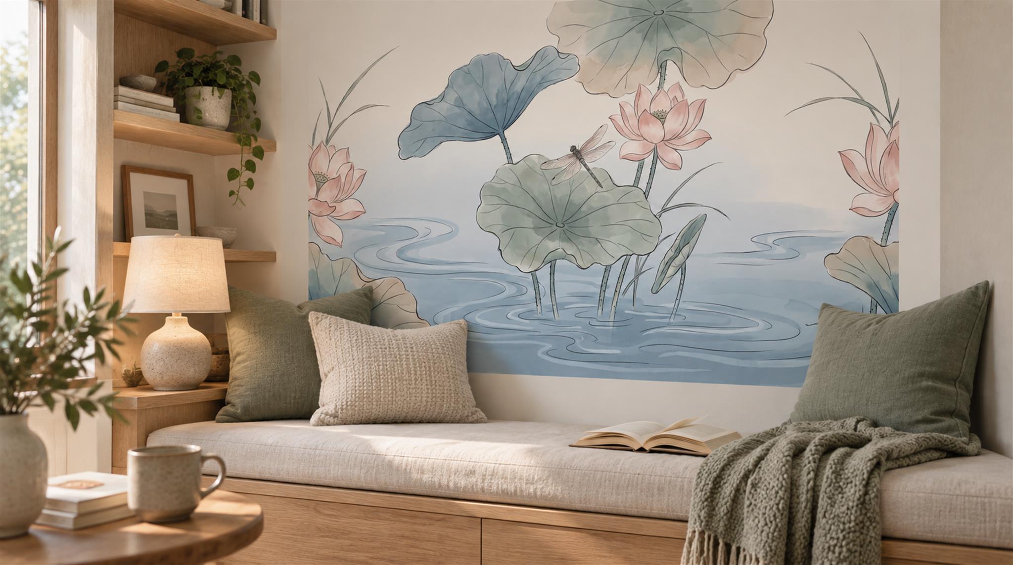 Blue And Neutral Abstract Forms Wallpaper Mural Layered Accent-wall-wallpaper-murals, Peel-and-stick Finish