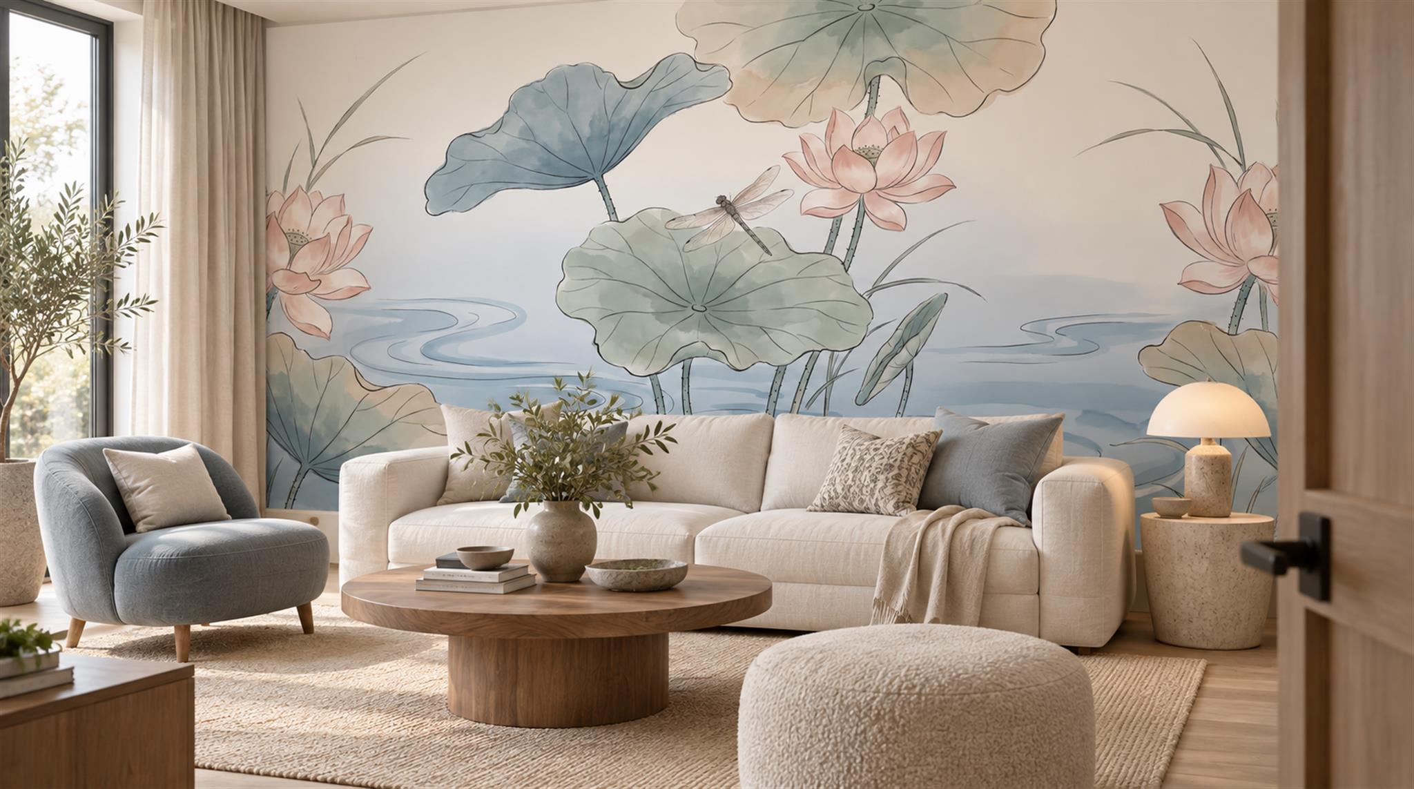 Blue And Neutral Abstract Forms Wallpaper Mural Layered Living-room-wallpaper-murals, Peel-and-stick Finish