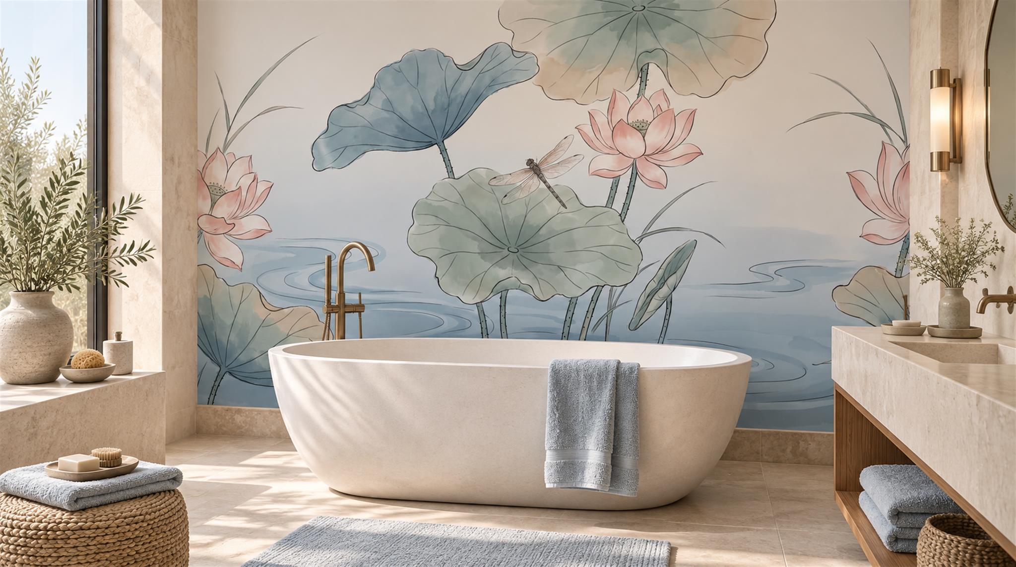 Lotus Pond With Dragonfly And Broad Pads Wallpaper Mural — Wallpaper Mural Design, Peel-and-stick Finish