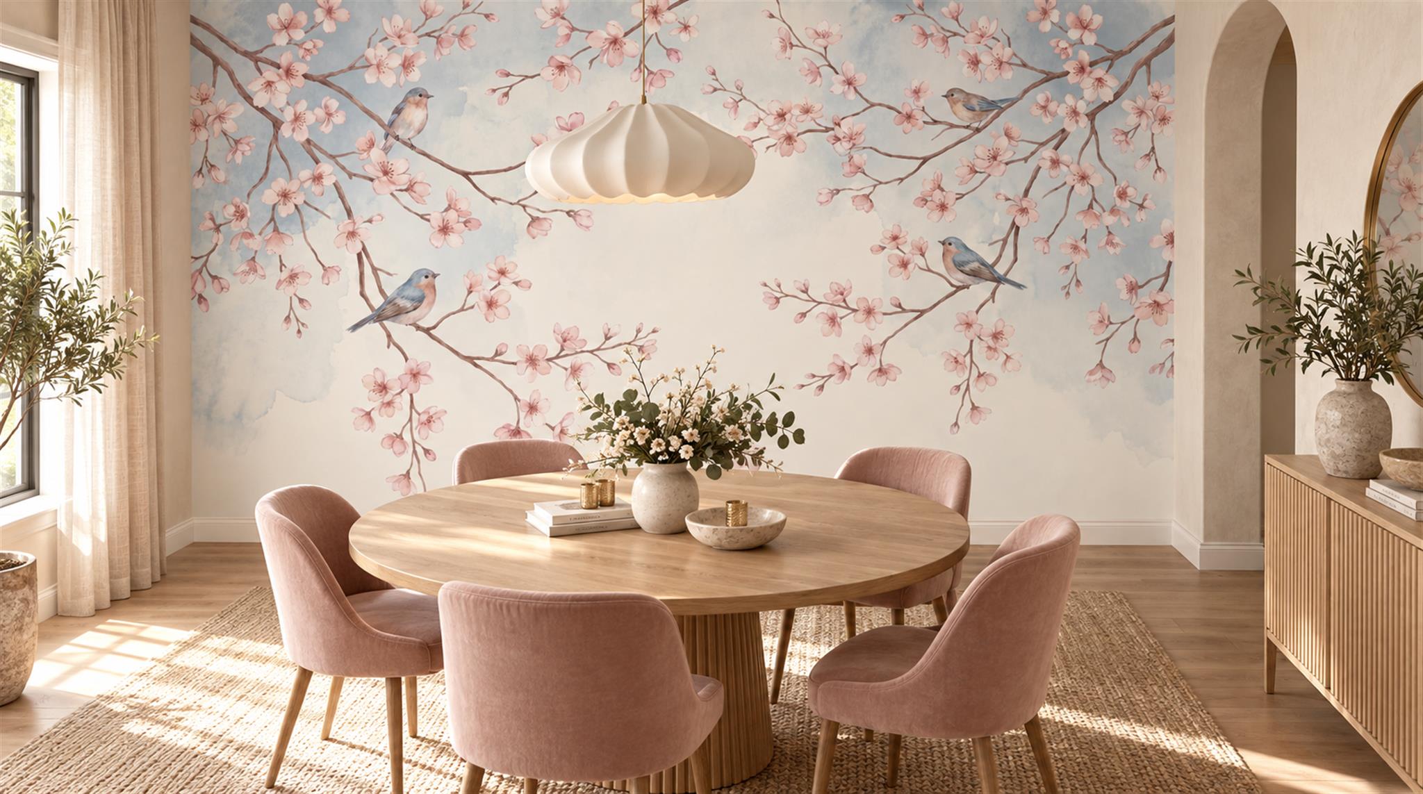 Cherry Blossom Branches And Blue Birds Wallpaper Mural — Wallpaper Mural Design, Peel-and-stick Finish