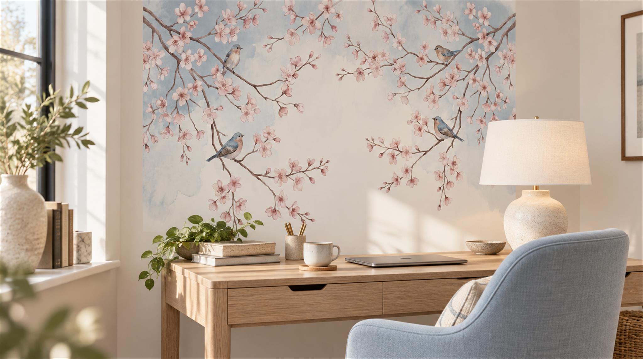 Soft Pastel And Neutral Abstract Forms Wallpaper Illustrated Wallpaper Office-wallpaper-murals, Shown In A Home Office, Peel-and-stick Finish