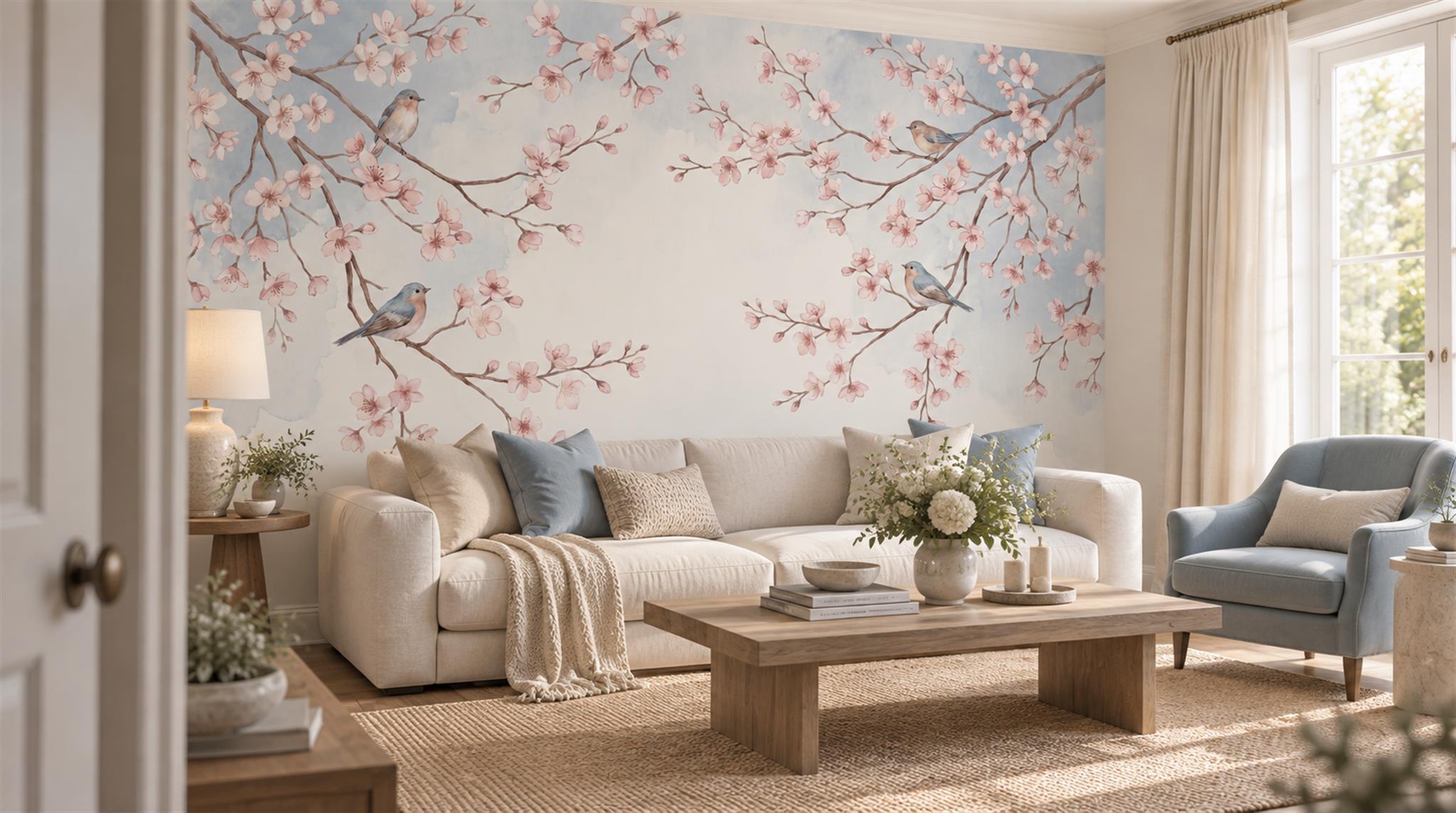 Soft Pastel And Neutral Abstract Forms Wallpaper Illustrated Wallpaper Office-wallpaper-murals, Shown In A Home Office, Peel-and-stick Finish