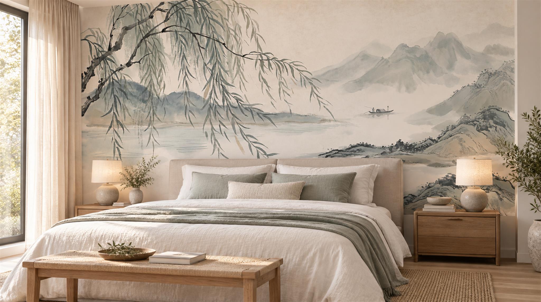 Grey And Neutral Decorative Patterning Willow Wallpaper Mural Bedroom-wallpaper-murals, Peel-and-stick Finish