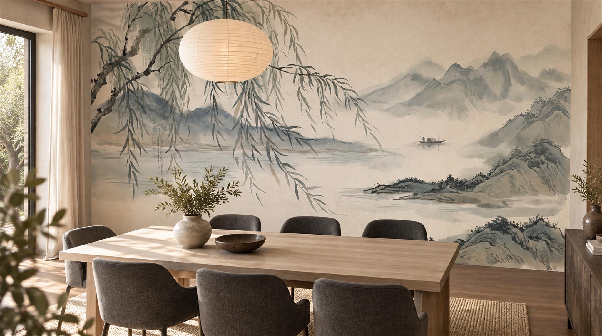 Grey And Neutral Decorative Patterning Willow Wallpaper Mural Dining-room-wallpaper-murals, Shown In A Dining Room, Peel-and-stick Finish