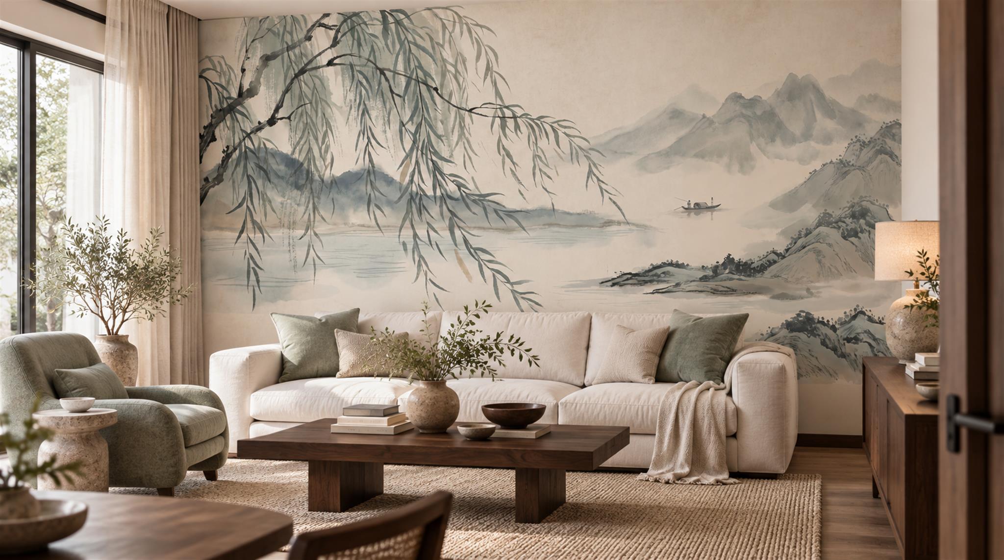 Grey And Neutral Decorative Patterning Willow Wallpaper Mural Living-room-wallpaper-murals, Shown In A Living Room, Peel-and-stick Finish