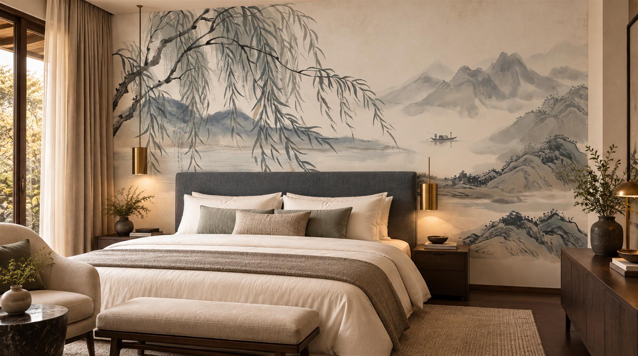 Monochrome Willow And Mountain Ink Landscape Wallpaper Mural — Wallpaper Mural Design, Peel-and-stick Finish