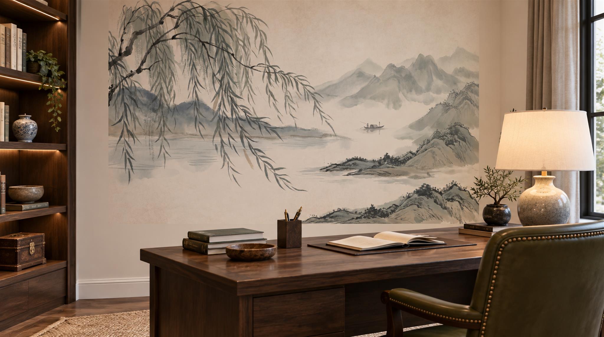 Grey And Neutral Decorative Patterning Willow Wallpaper Mural Accent-wall-wallpaper-murals, Peel-and-stick Finish