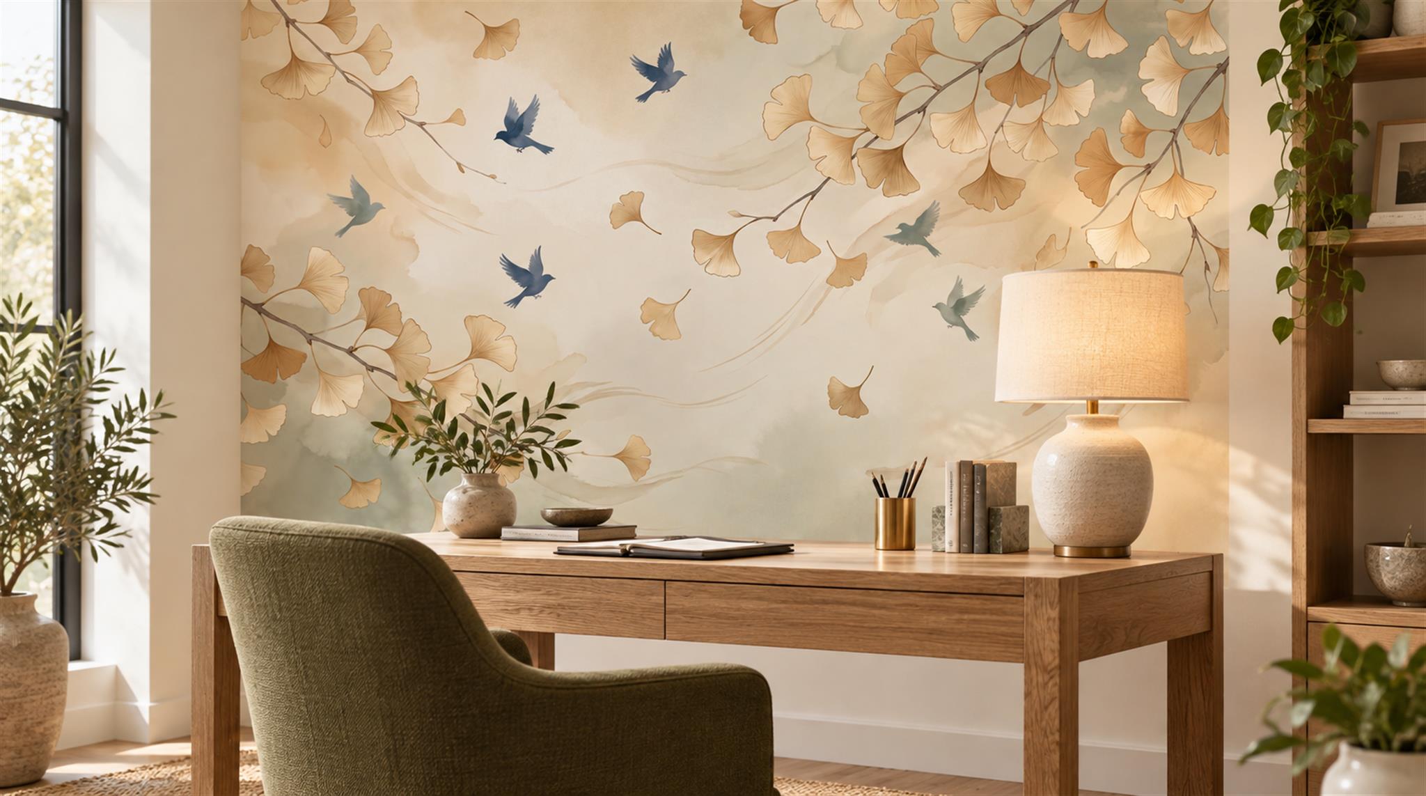 Gold And Neutral Bird Forms Wallpaper Mural Office-wallpaper-murals, Shown In A Home Office, Peel-and-stick Finish