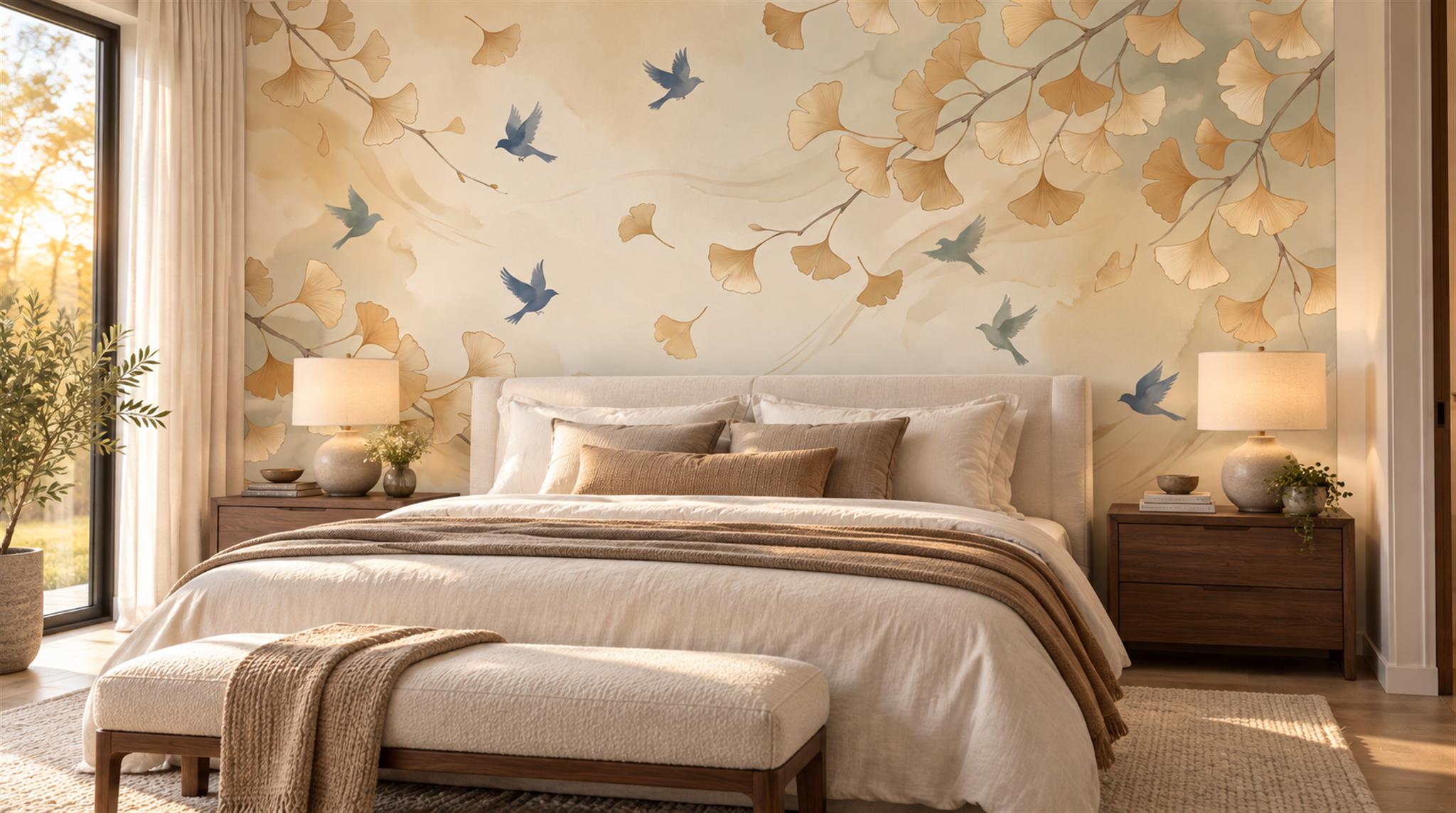 Gold And Neutral Bird Forms Wallpaper Mural Bedroom-wallpaper-murals, Peel-and-stick Finish