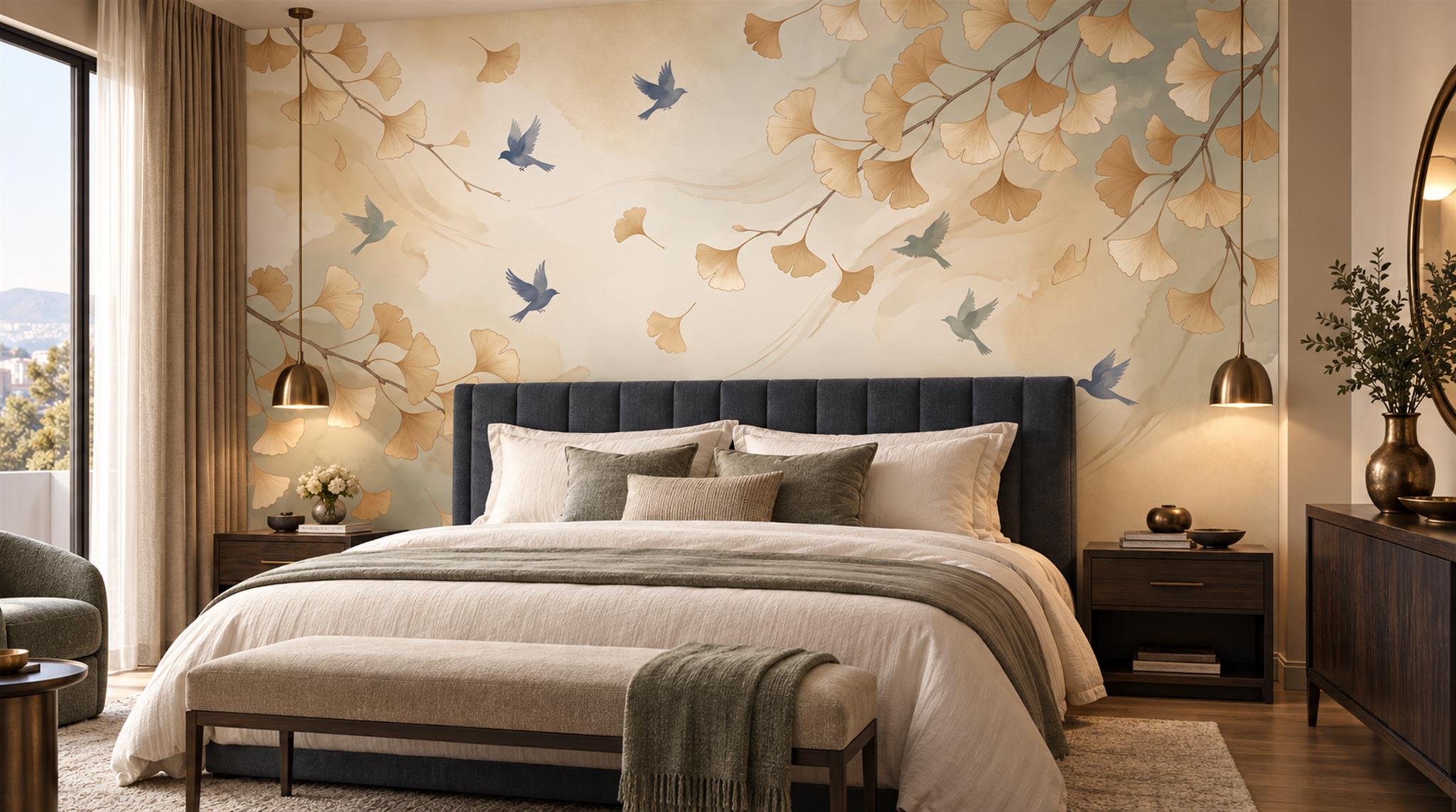 Gold And Neutral Bird Forms Wallpaper Mural Accent-wall-wallpaper-murals, Peel-and-stick Finish